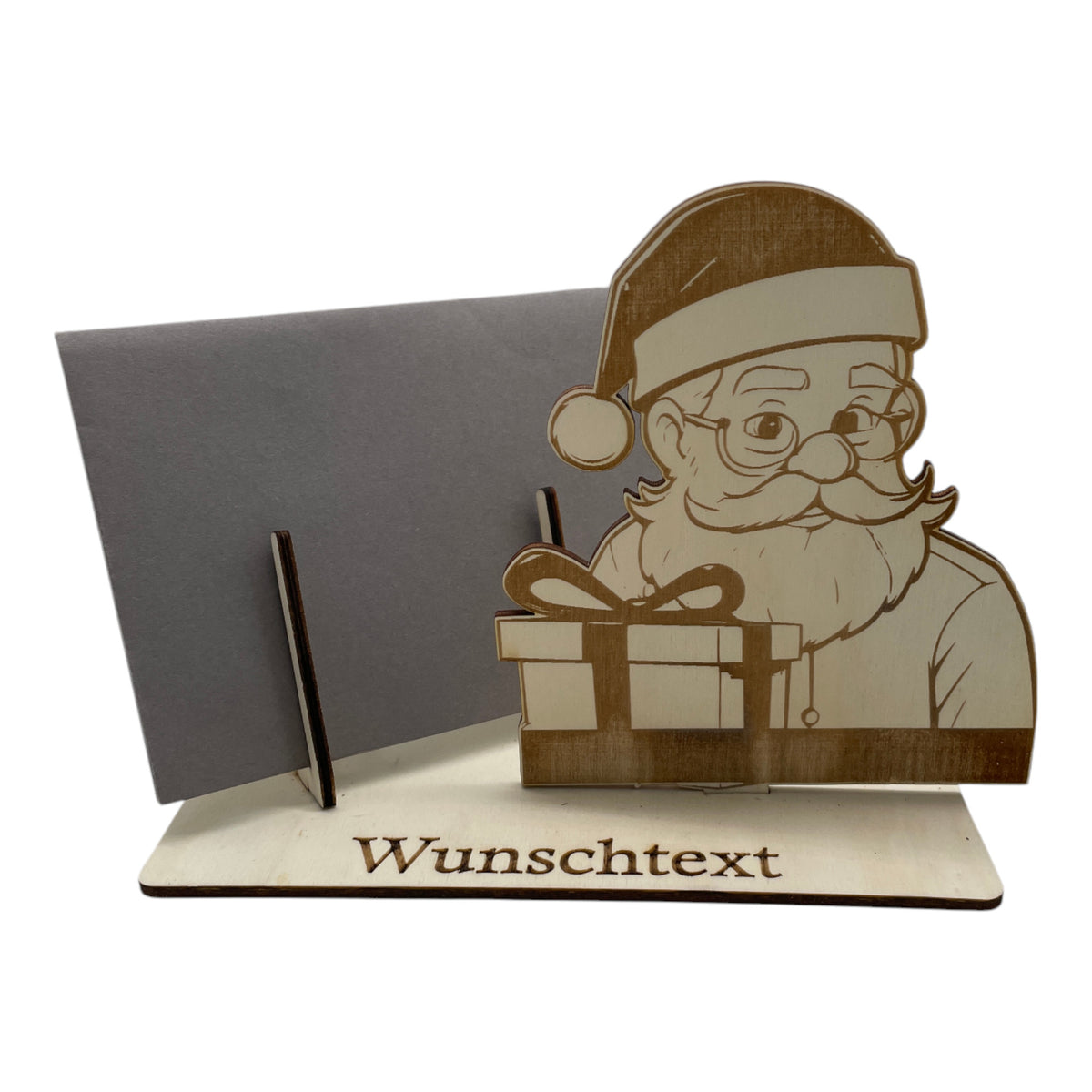 Gutscheinverpackung Weihnachten aus Holz mit Weihnachtsmann und Geschenkbox und Wunschtext, Ansicht 4