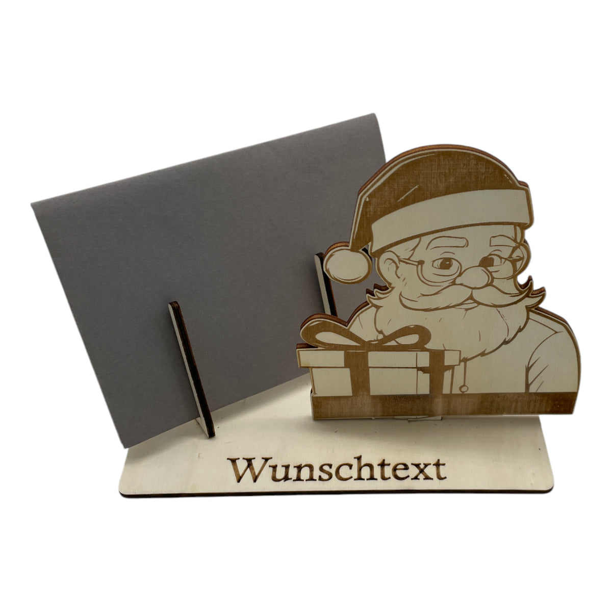 Gutscheinverpackung Weihnachten aus Holz mit Weihnachtsmann und Geschenkbox und Wunschtext, Ansicht 5