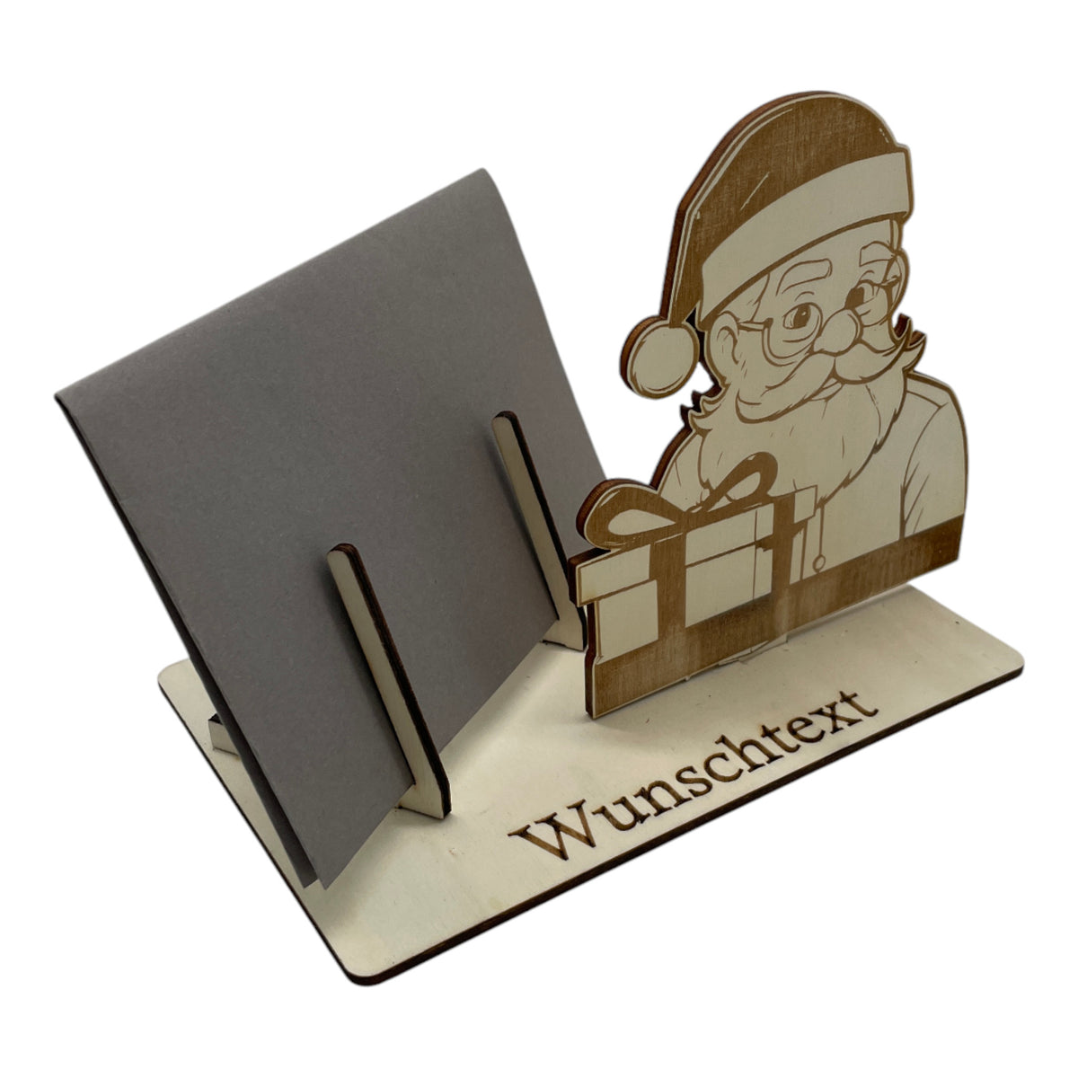 Gutscheinverpackung Weihnachten aus Holz mit Weihnachtsmann und Geschenkbox und Wunschtext, Ansicht 6