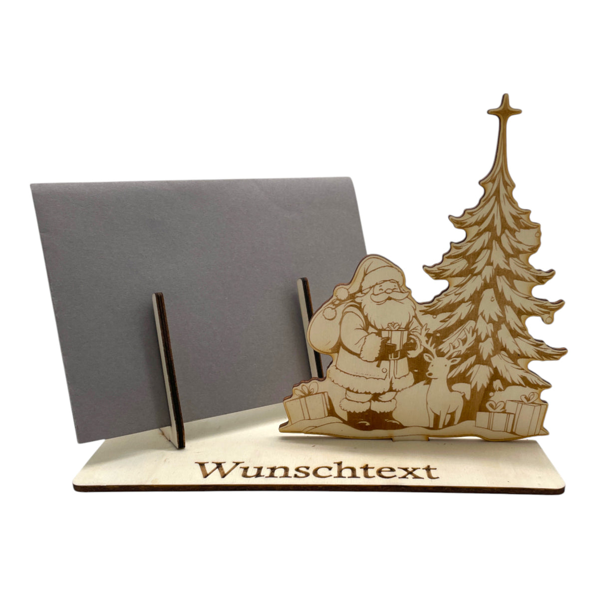 Gutscheinverpackung Weihnachten aus Holz mit Weihnachtsmann am Tannenbaum und Wunschtext, Ansicht 2