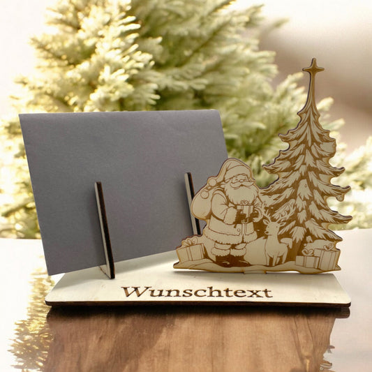 Gutscheinverpackung Weihnachten aus Holz mit Weihnachtsmann am Tannenbaum und Wunschtext