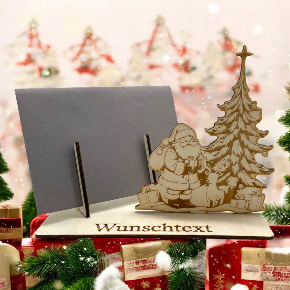 Gutscheinverpackung Weihnachten aus Holz mit Weihnachtsmann am Tannenbaum und Wunschtext, Ansicht 9
