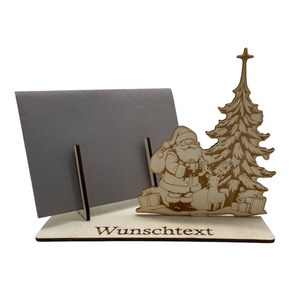 Gutscheinverpackung Weihnachten aus Holz mit Weihnachtsmann am Tannenbaum und Wunschtext, Ansicht 4