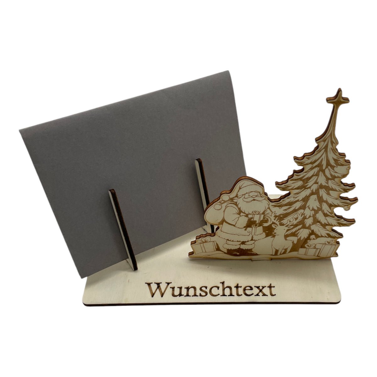 Gutscheinverpackung Weihnachten aus Holz mit Weihnachtsmann am Tannenbaum und Wunschtext, Ansicht 5
