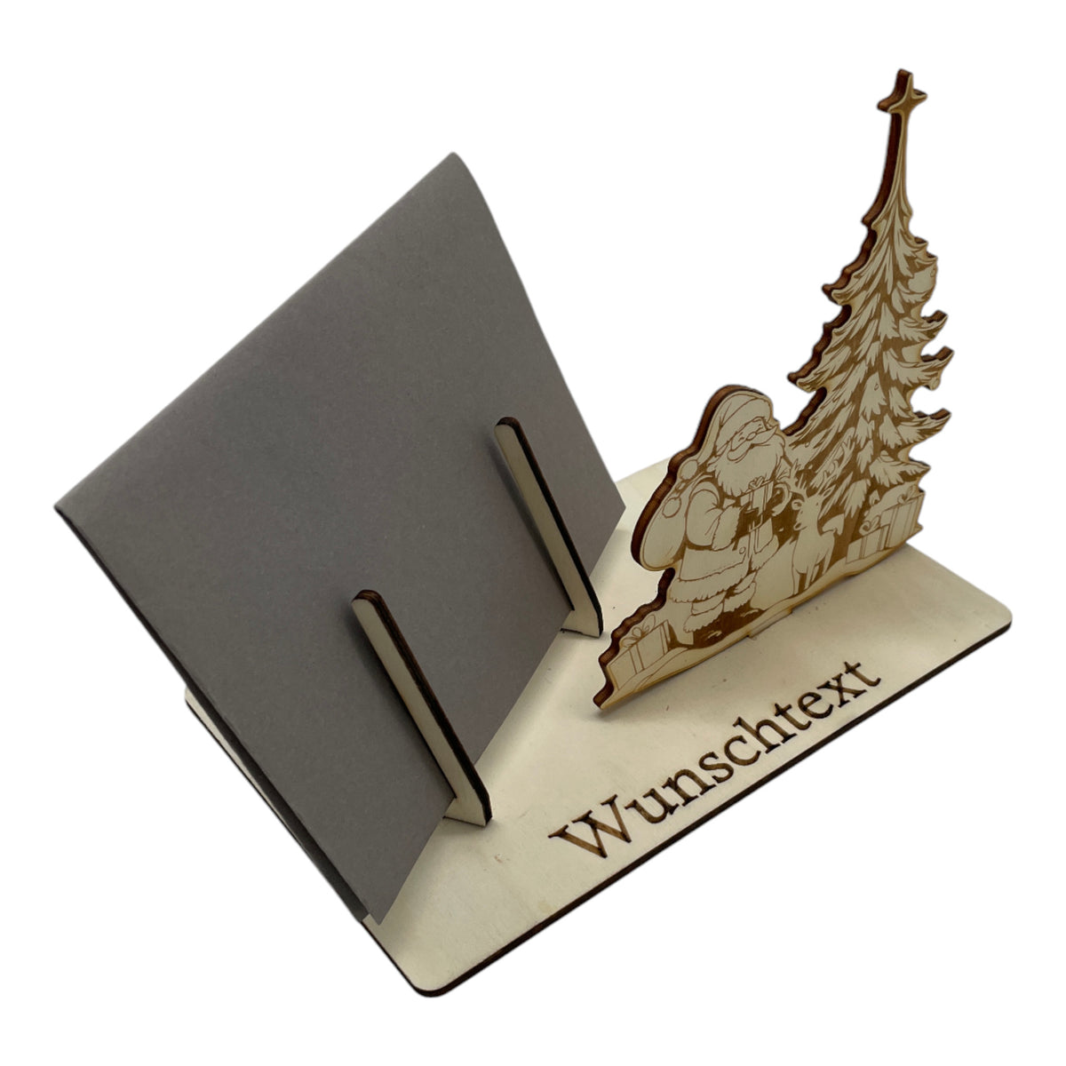 Gutscheinverpackung Weihnachten aus Holz mit Weihnachtsmann am Tannenbaum und Wunschtext, Ansicht 6
