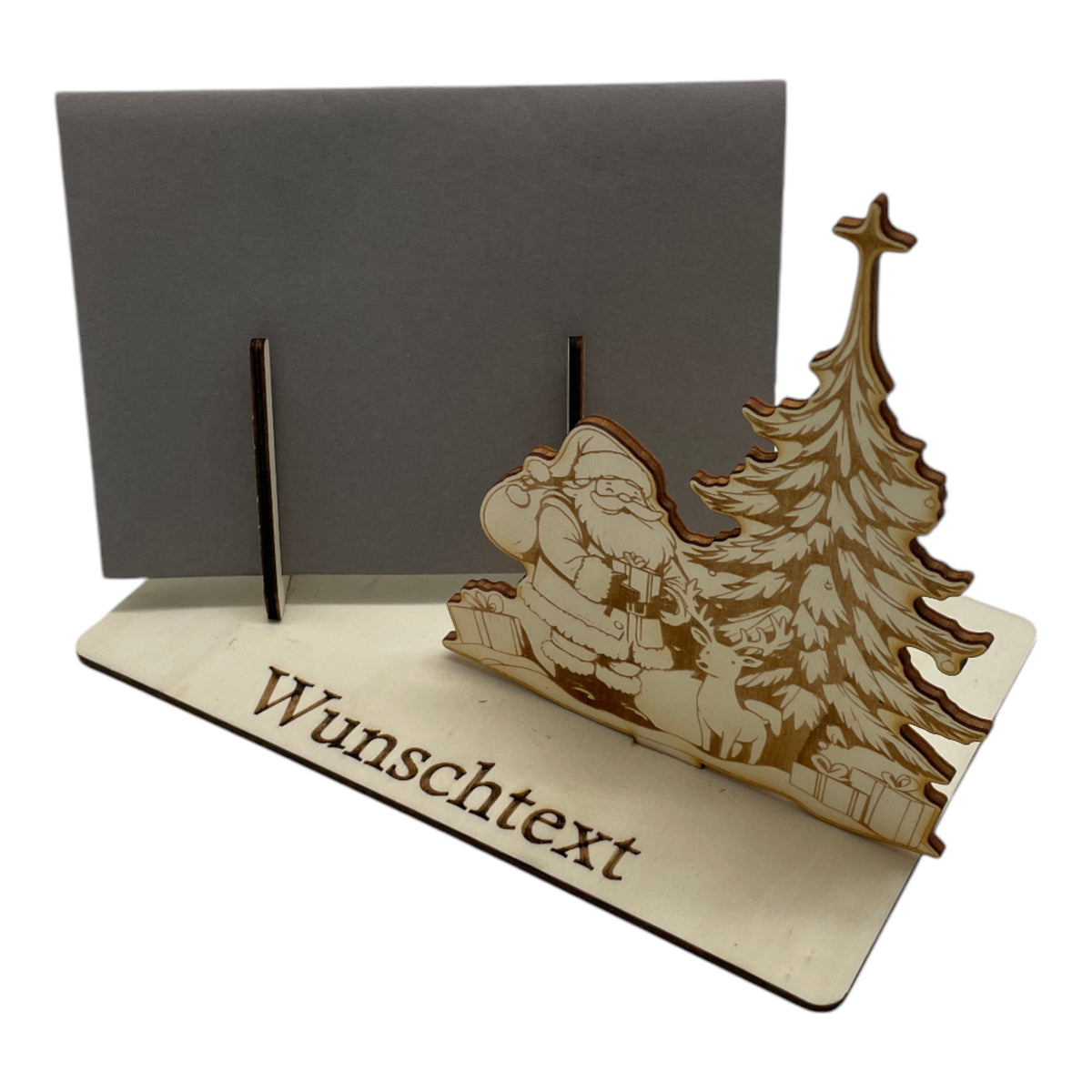 Gutscheinverpackung Weihnachten aus Holz mit Weihnachtsmann am Tannenbaum und Wunschtext, Ansicht 7