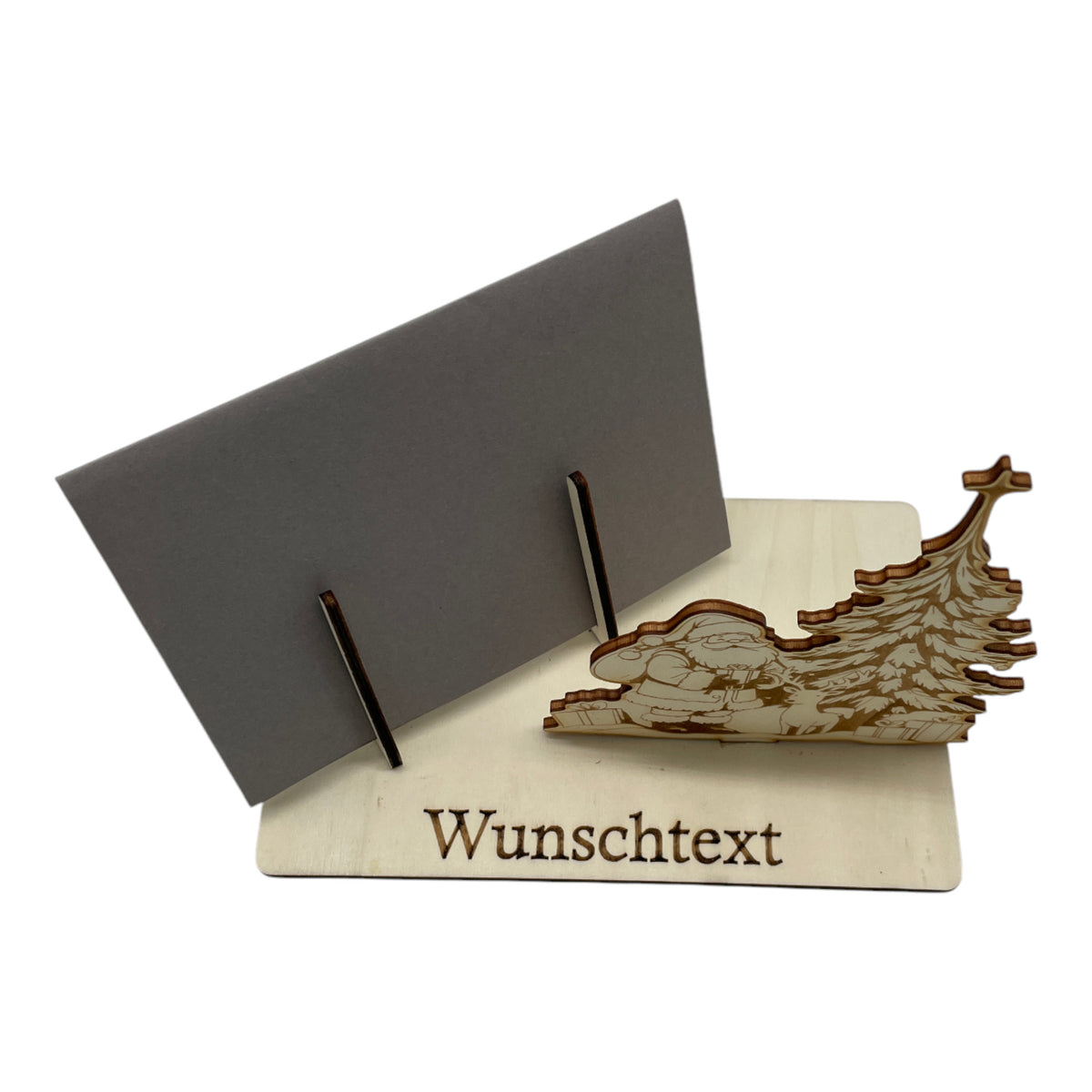 Gutscheinverpackung Weihnachten aus Holz mit Weihnachtsmann am Tannenbaum und Wunschtext, Ansicht 8