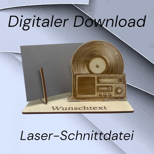 Laserdatei Gutscheinhalter mit Radio und Schallplatte – SVG DXF Schneidedatei für Musikgeschenke