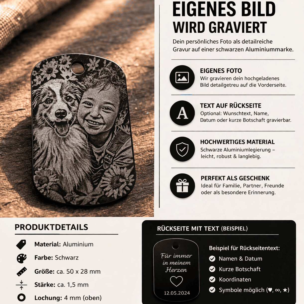 Aluminium Anhänger mit individuellem Foto graviert als persönliches Detail