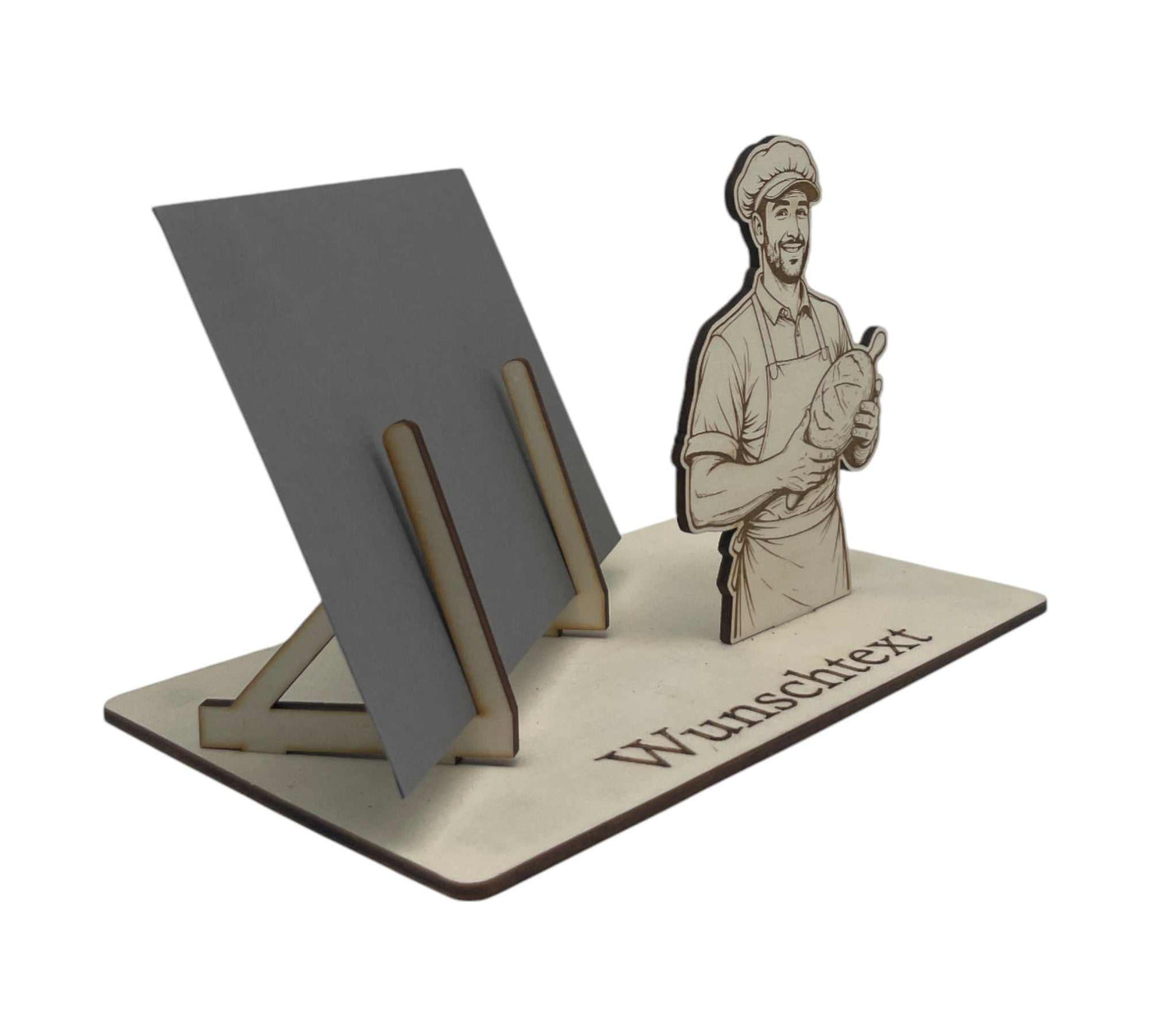 Gutscheinhalter mit Handwerksmotiv – Bäcker mit Brot auf Holz