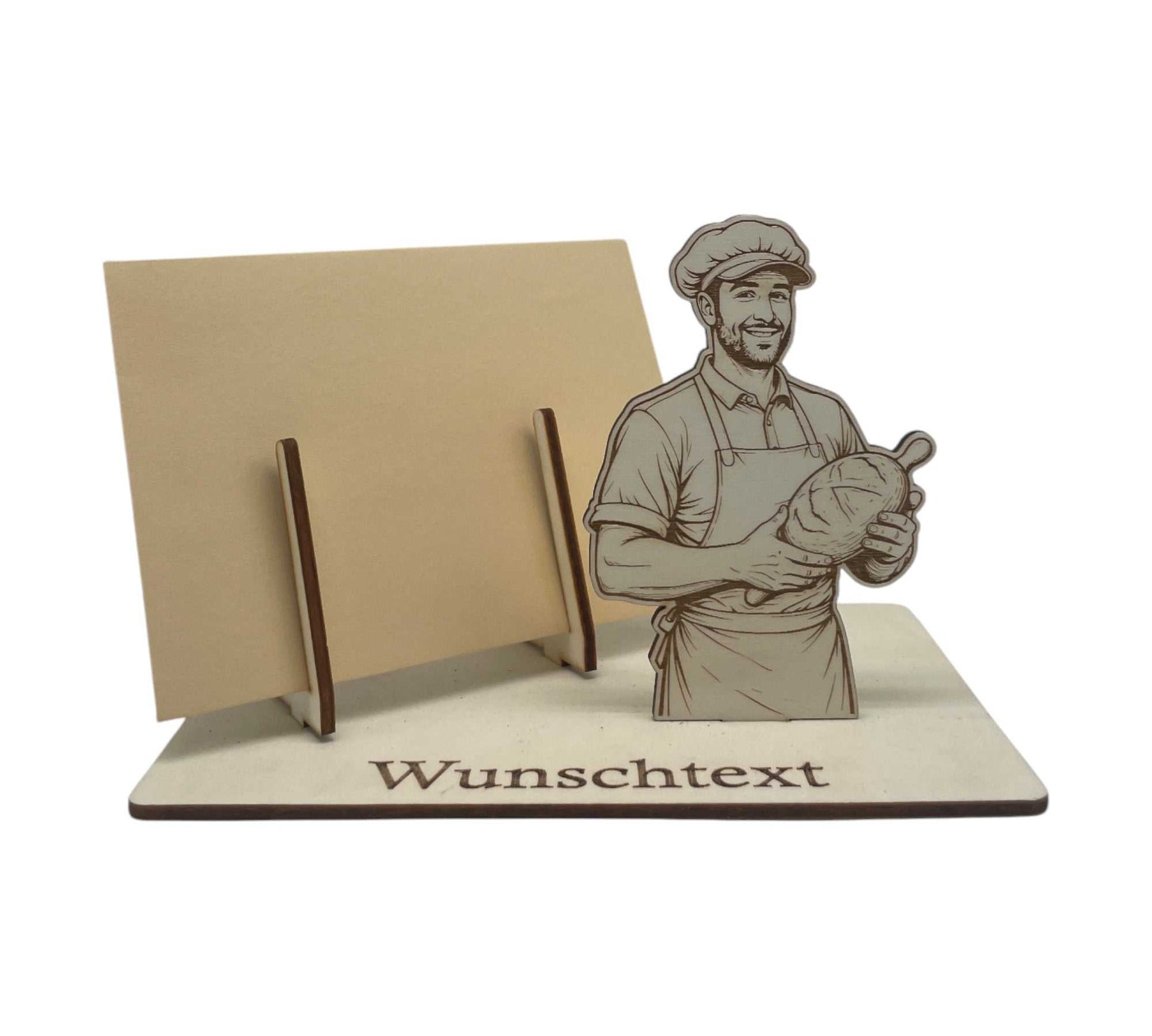 Gutscheinhalter mit Bäcker, Brot und individueller Gravur auf Holzplatte