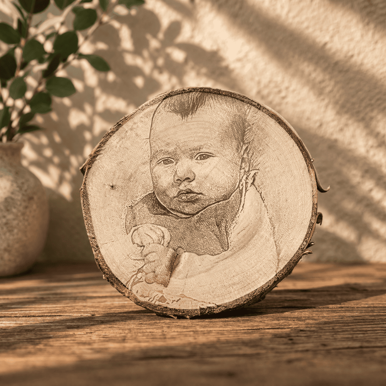 fotogravur auf baumscheibe personalisiert mit eigenem bild einzigartige maserung und natürliche form