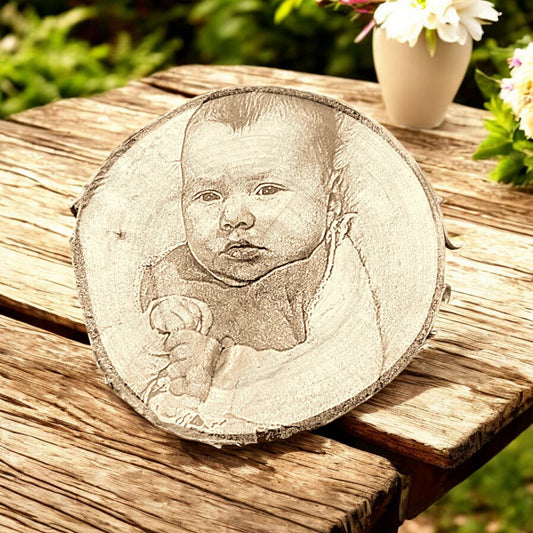 Baumscheibe mit Fotogravur eines Babys – dekorative Erinnerung für dein Zuhause.