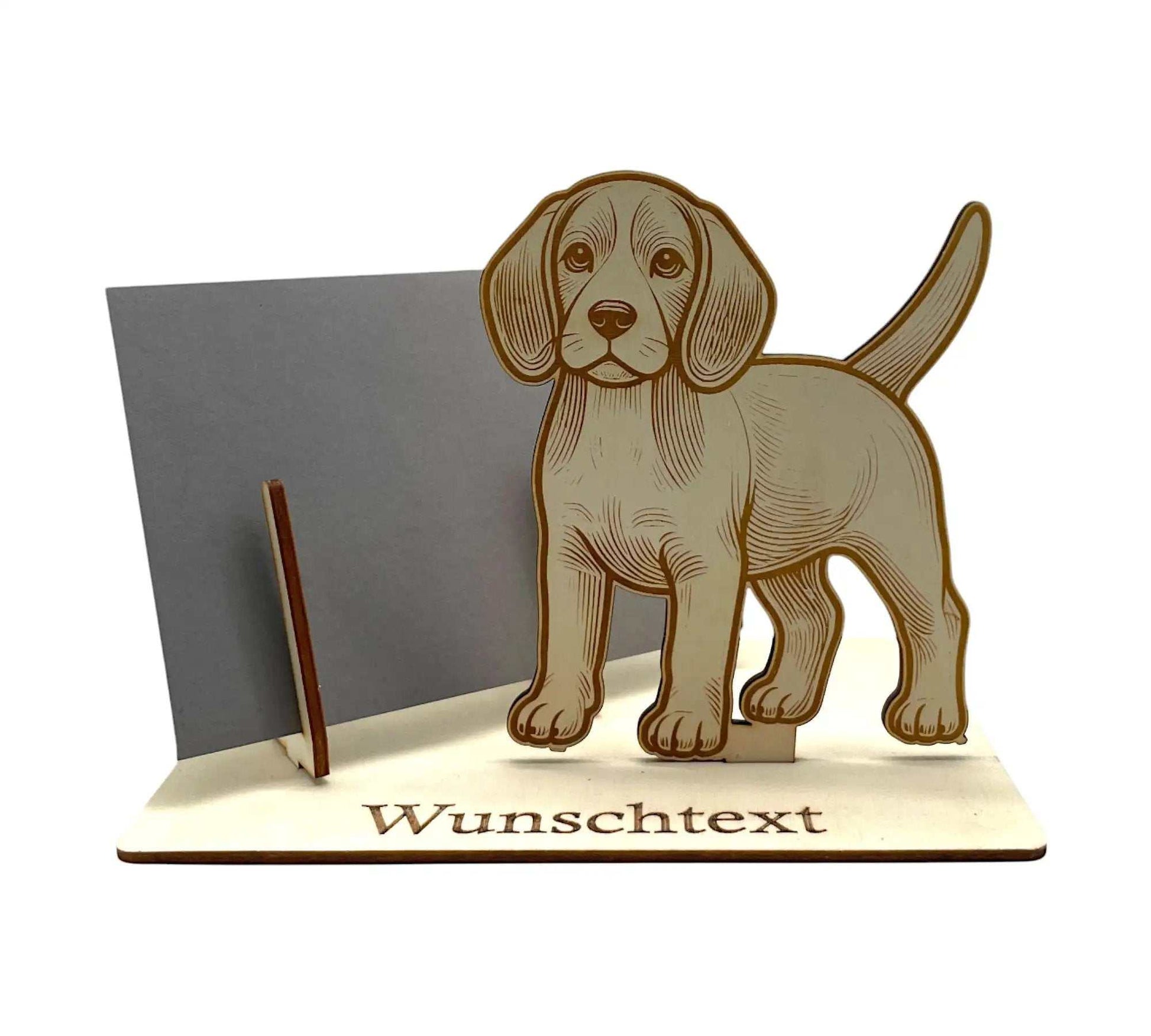 Kreativer Holz-Gutscheinhalter mit Beagle-Motiv. Gutschein verpacken für Hundeliebhaber und Tierfreunde, personalisierbar mit Text und Namen.