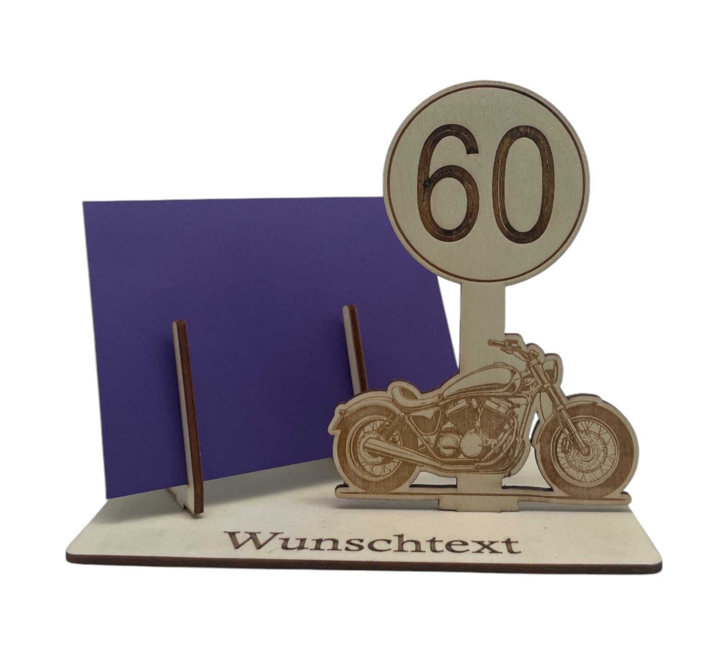 Besondere Gutscheinverpackung für den 60 Geburtstag – kreatives Motorrad-Motiv mit Verkehrsschild und individueller Gravur.