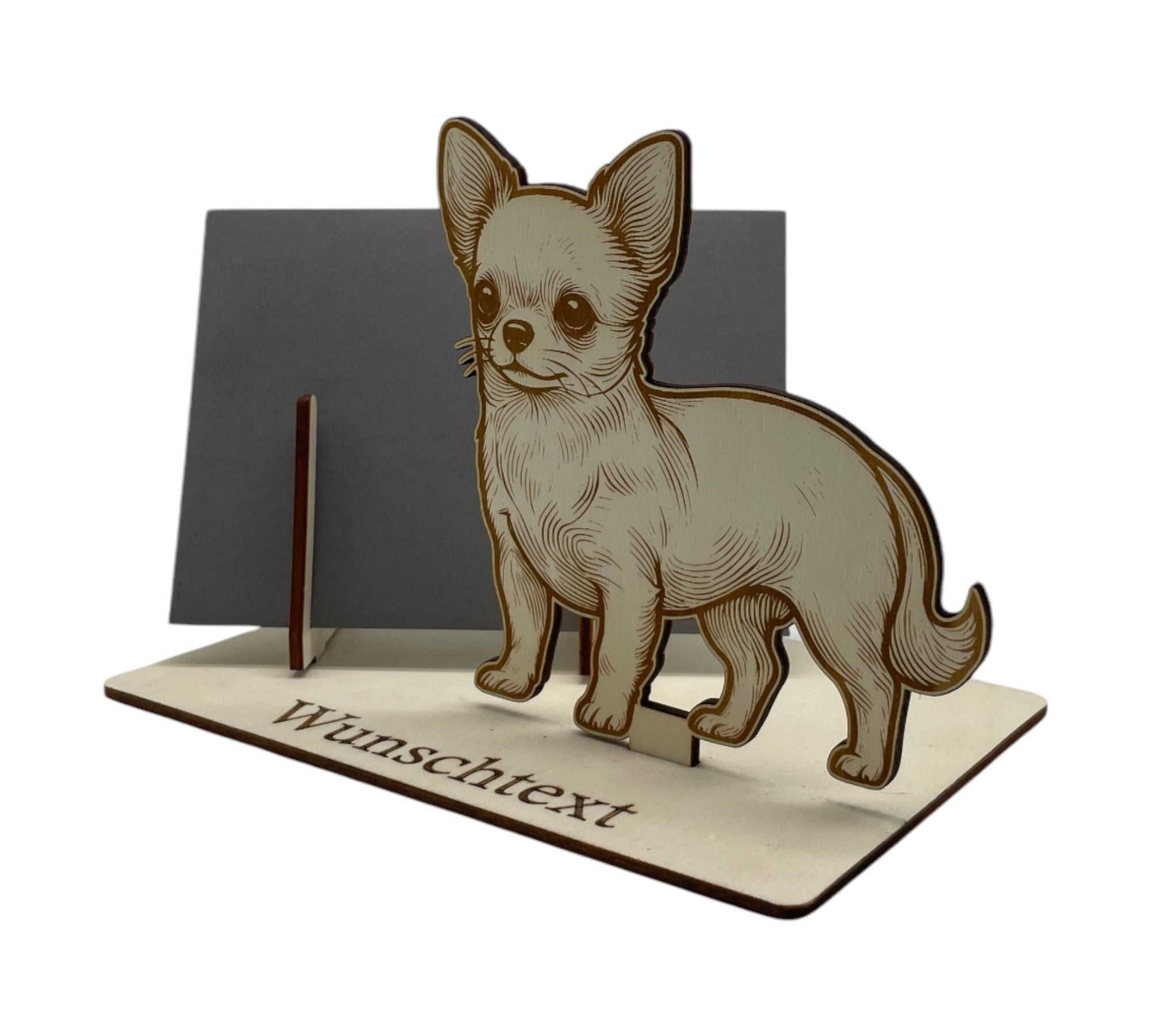 Gutscheinverpackung aus Holz mit Chihuahua-Motiv, perfekt für Tierfreunde. Gutschein verpacken mit persönlicher Gravur für individuelle Geschenke.