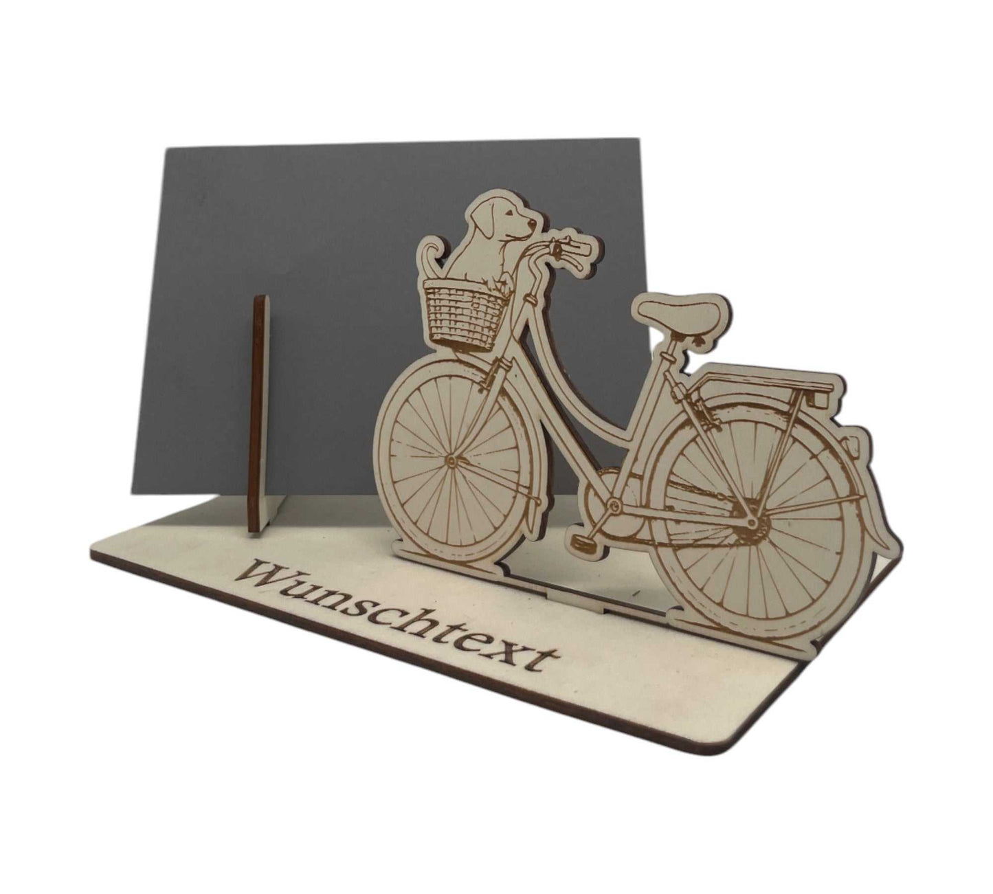 Fahrrad und Hund als Gravurmotiv – dekorative Gutscheinverpackung