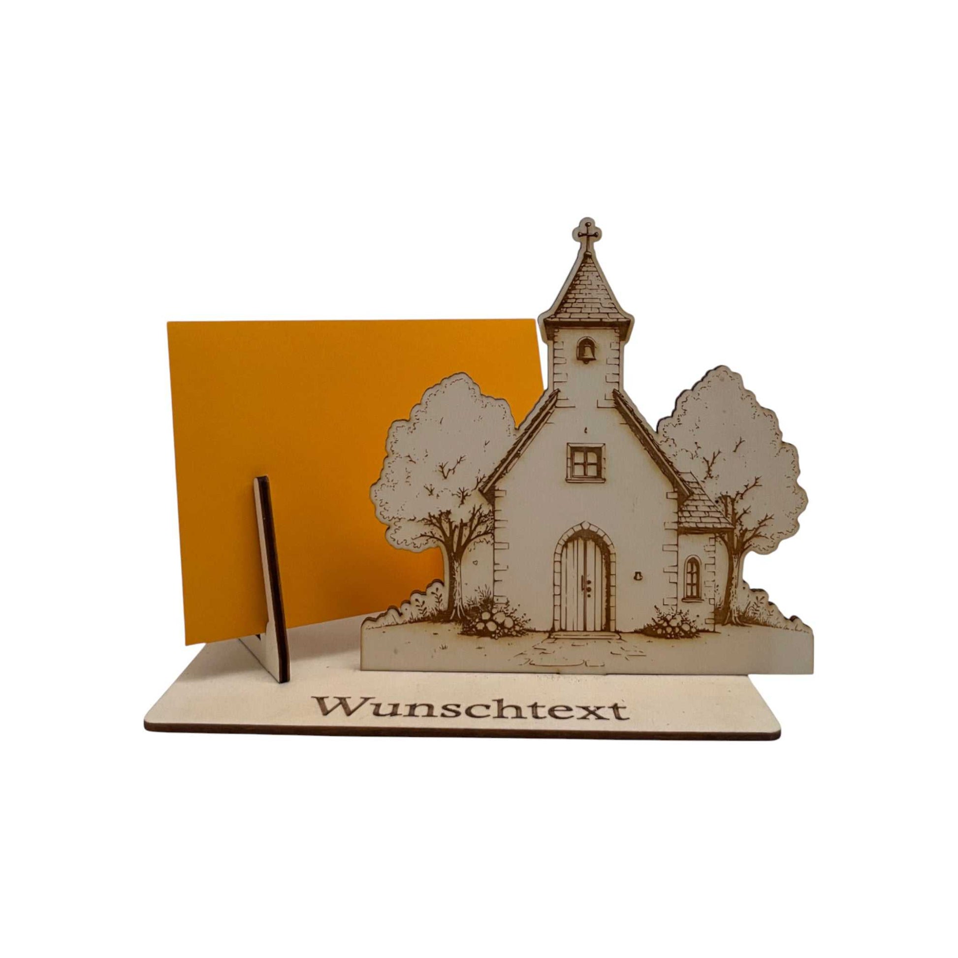 Dekorativer Gutscheinhalter Kirche aus Bastelholz mit Gravur und Umschlag