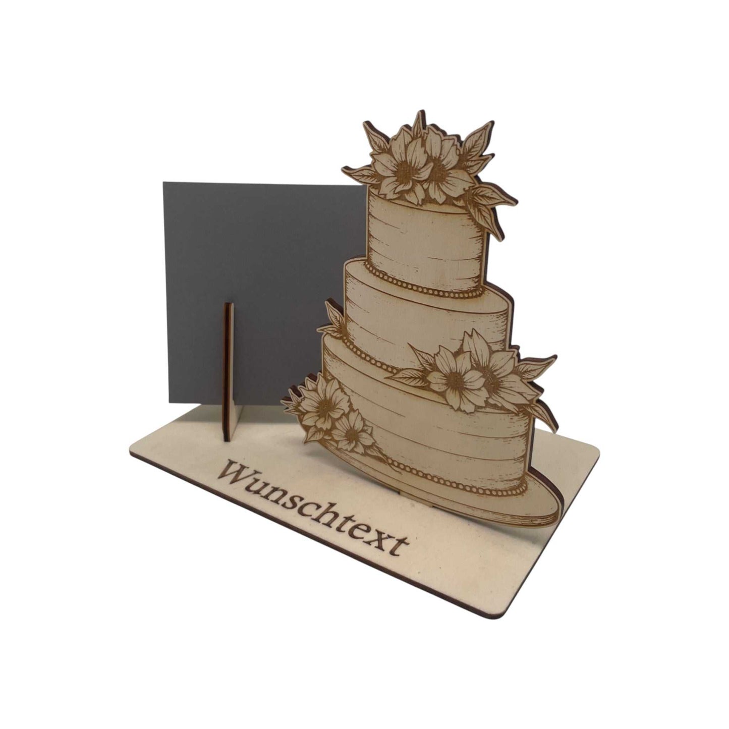 Detailansicht Gravur Hochzeitstorte auf Holz Gutscheinhalter