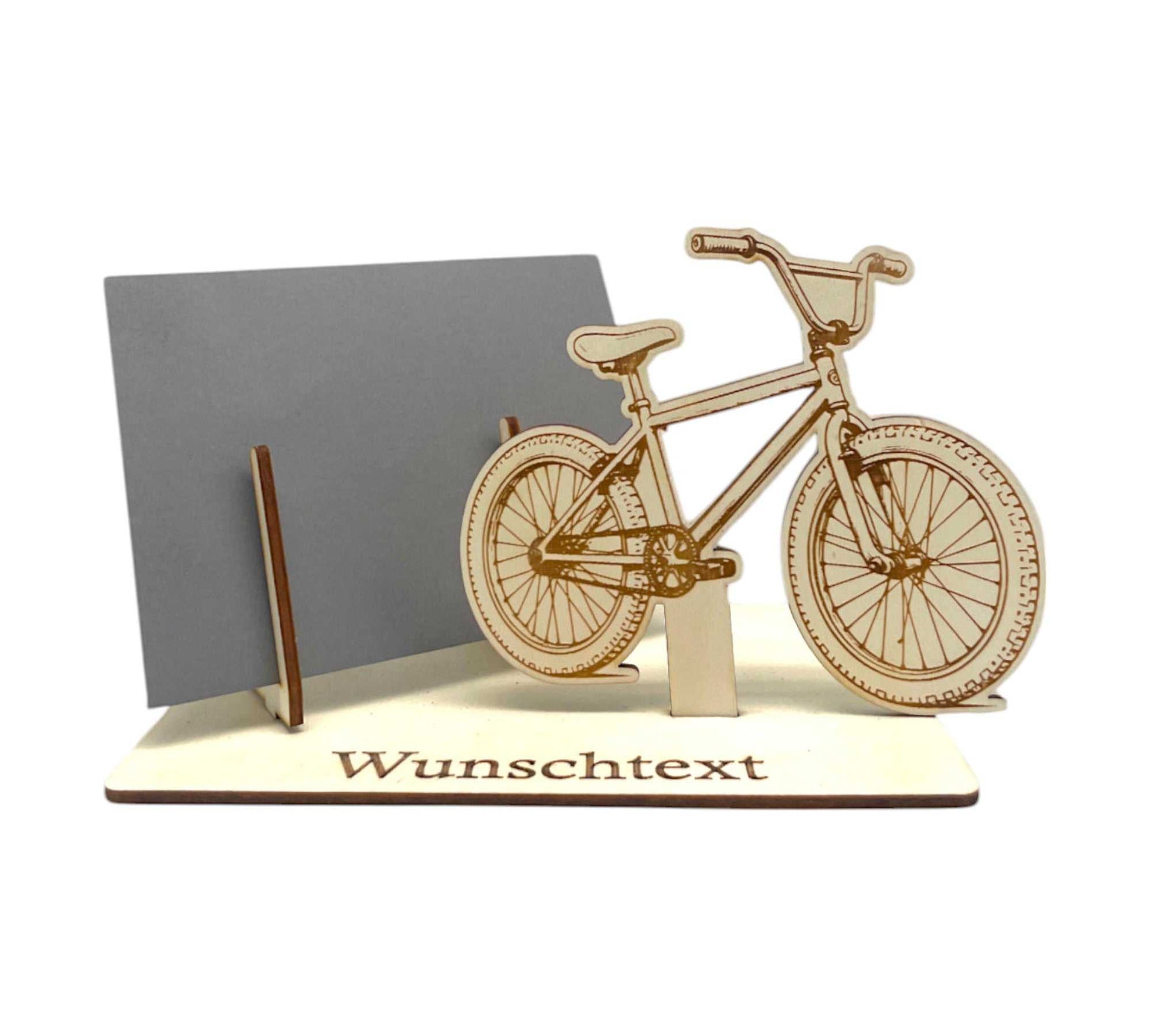 Gutscheinhalter mit BMX-Fahrrad – personalisierbar auf fester Grundplatte