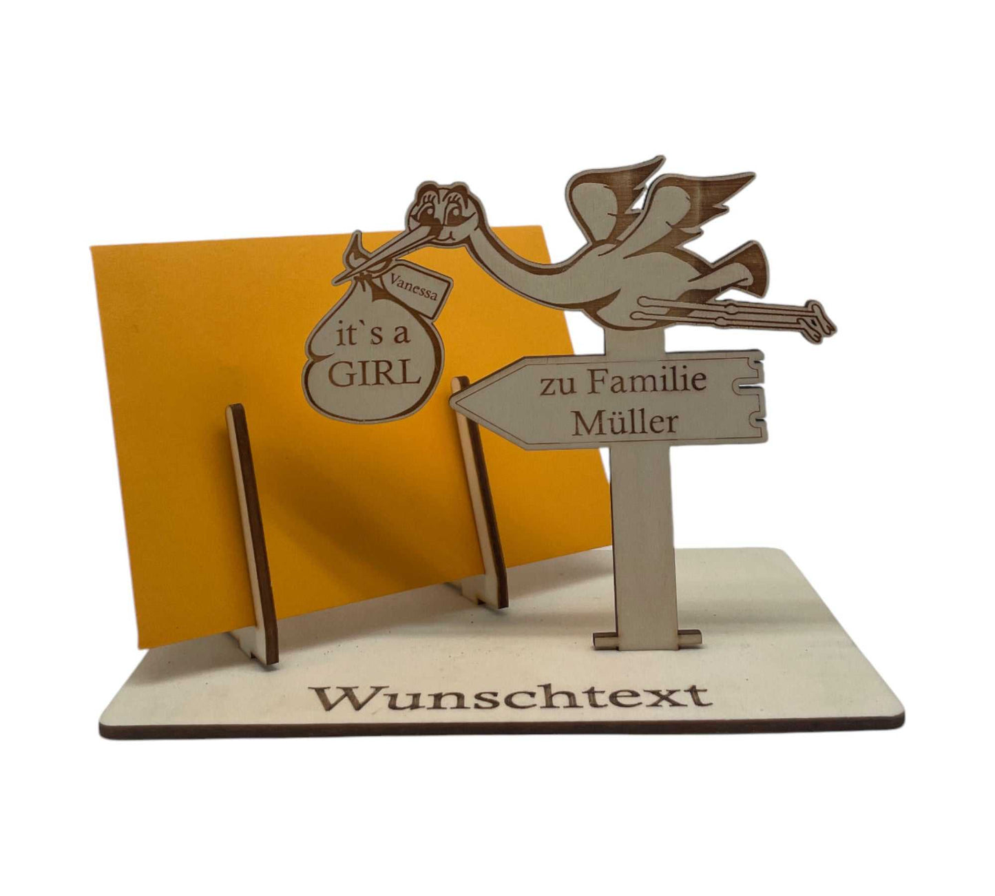 Gutscheinverpackung mit Storch für Familie mit Baby