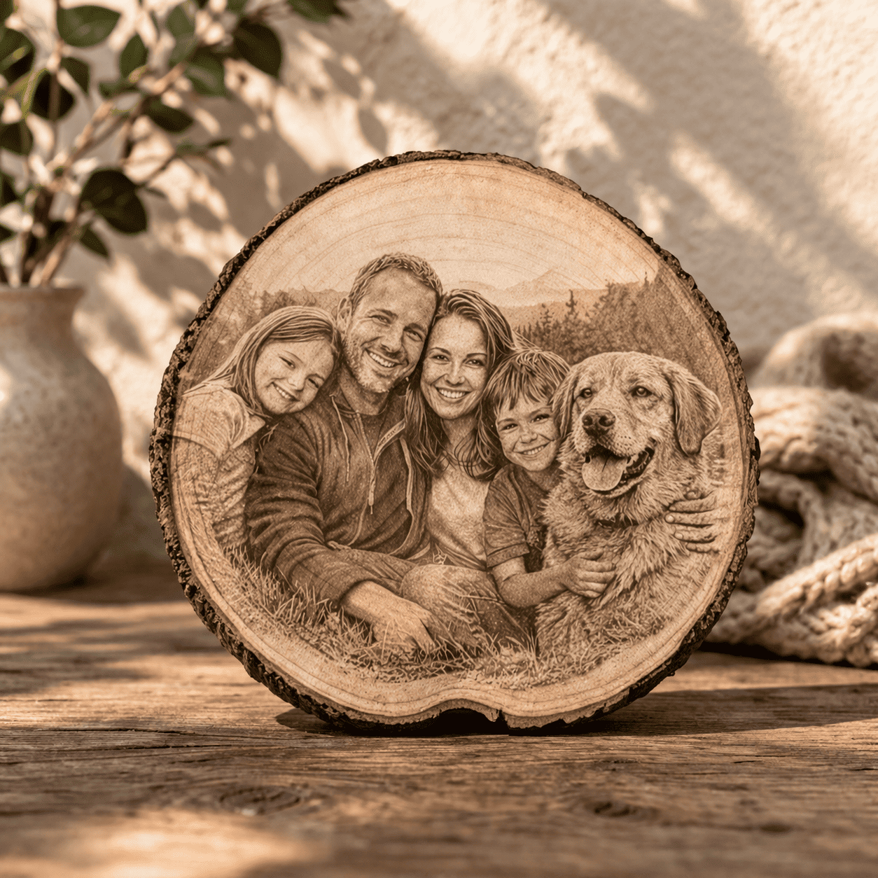 foto auf baumscheibe graviert personalisierbares holzprodukt mit individueller form und struktur