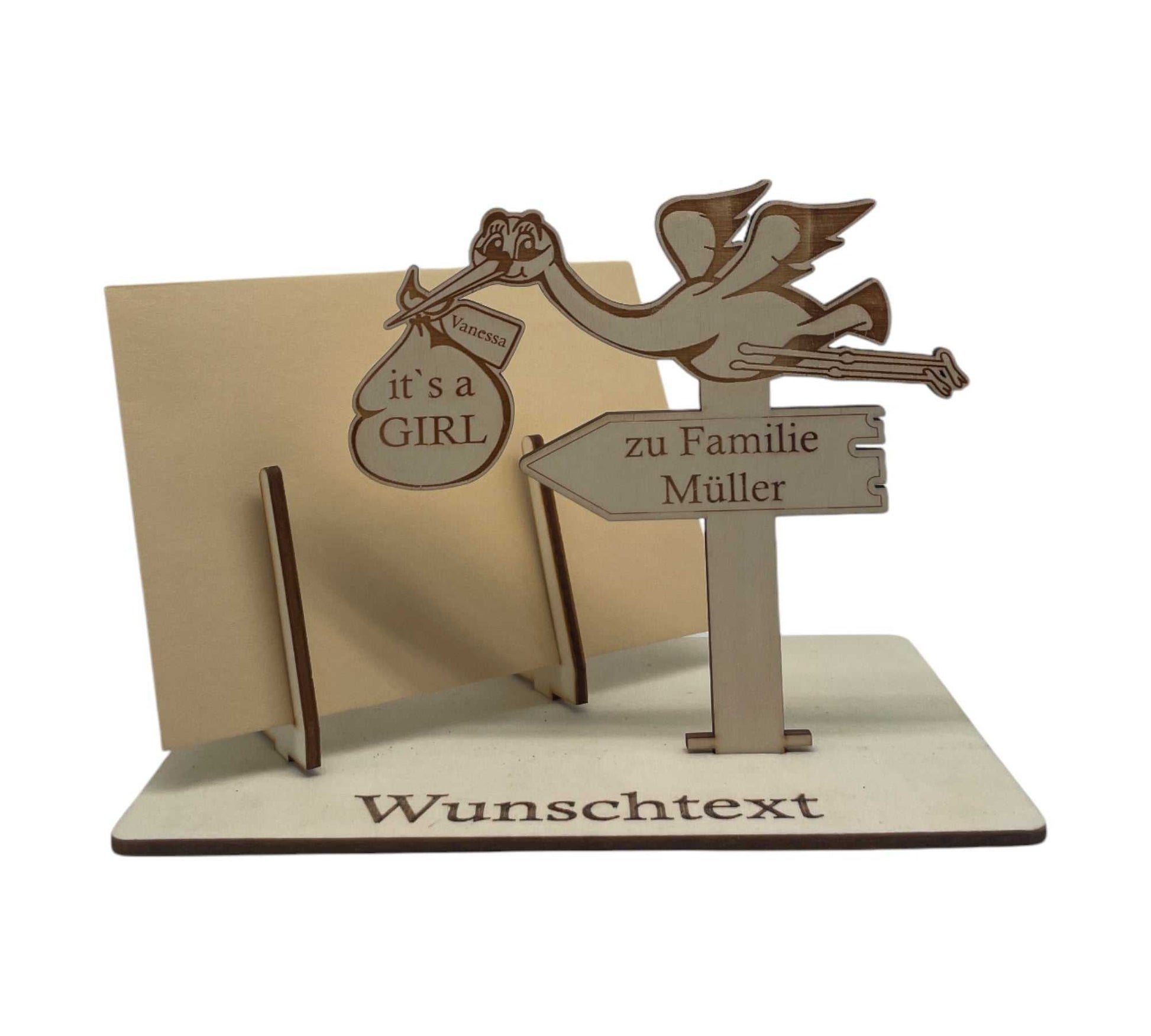 Gutschein zur Geburtsfeier stilvoll mit Storch verpacken