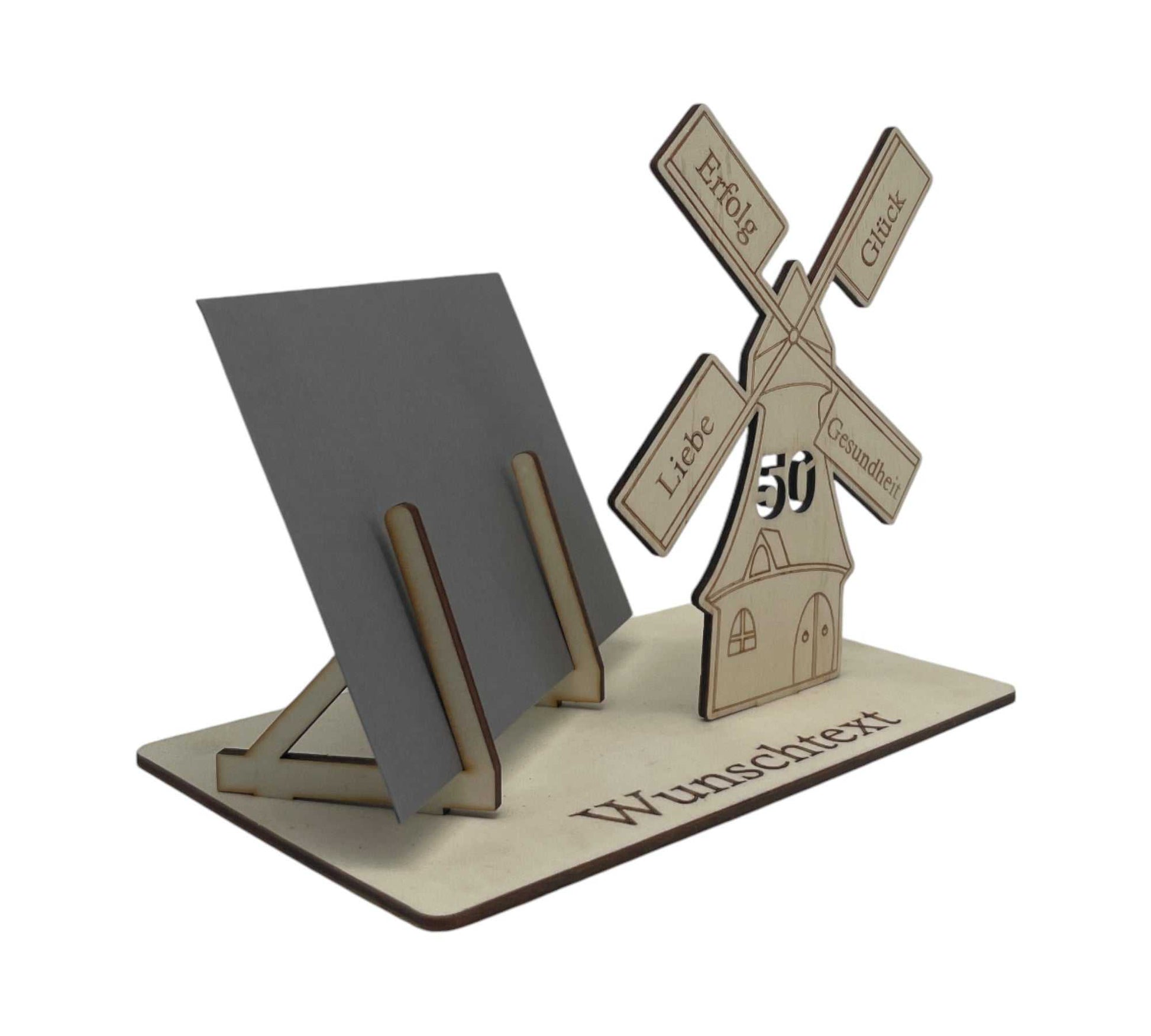 Geldgeschenk zum 50. – Windmühle mit Zahl und Wunschgravur