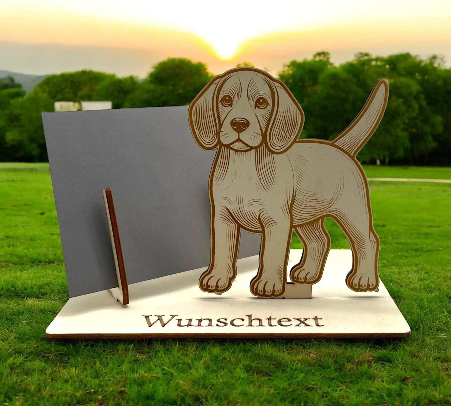 Gutschein verpacken mit Beagle – gravierter Hund auf Holz mit Wunschtext und Umschlag