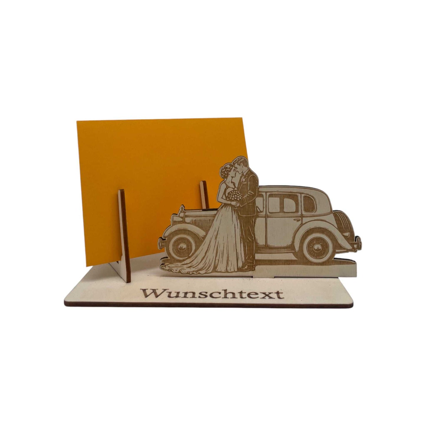 Personalisierter Gutscheinhalter Hochzeit mit Brautpaar und klassischem Auto Motiv