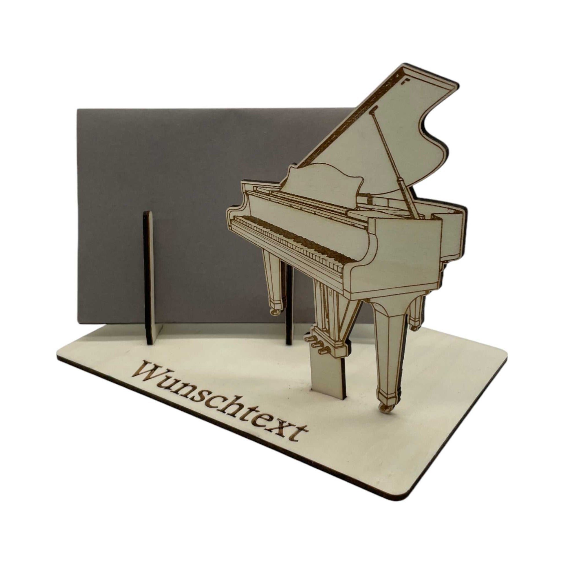 Stilvolle Gutscheinverpackung aus Holz mit filigranem Klaviermotiv – perfekt für Glückwünsche oder Geldgeschenke.