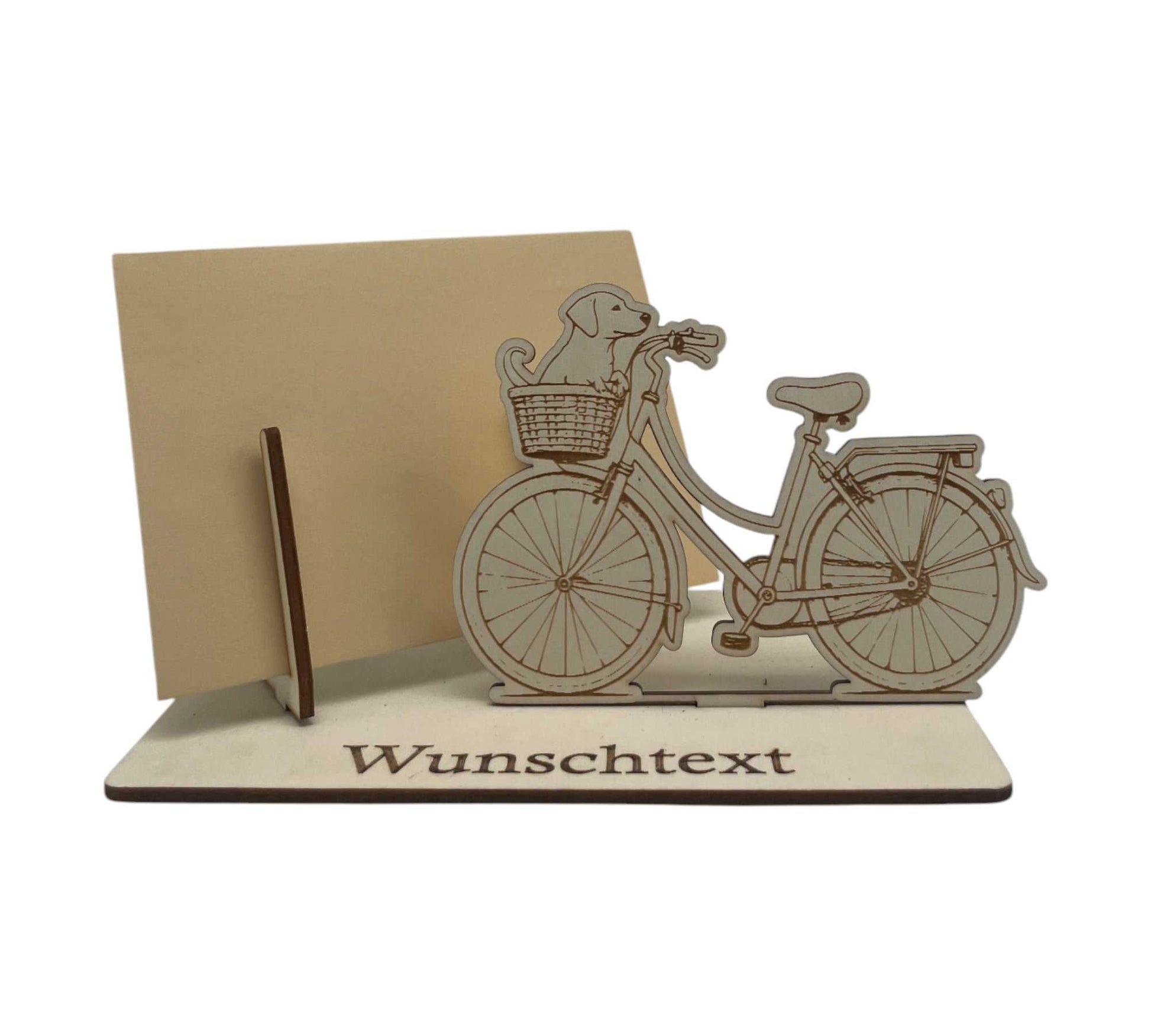 Geldgeschenk Verpackung mit Hund im Fahrradkorb graviert