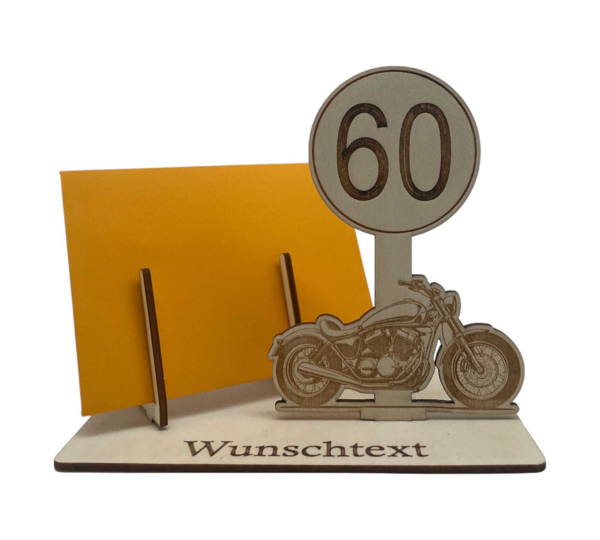 Geschenk-Gutscheinverpackung für den 60. Geburtstag – personalisierte Gravur mit Motorrad, Verkehrsschild und Wunschtext.