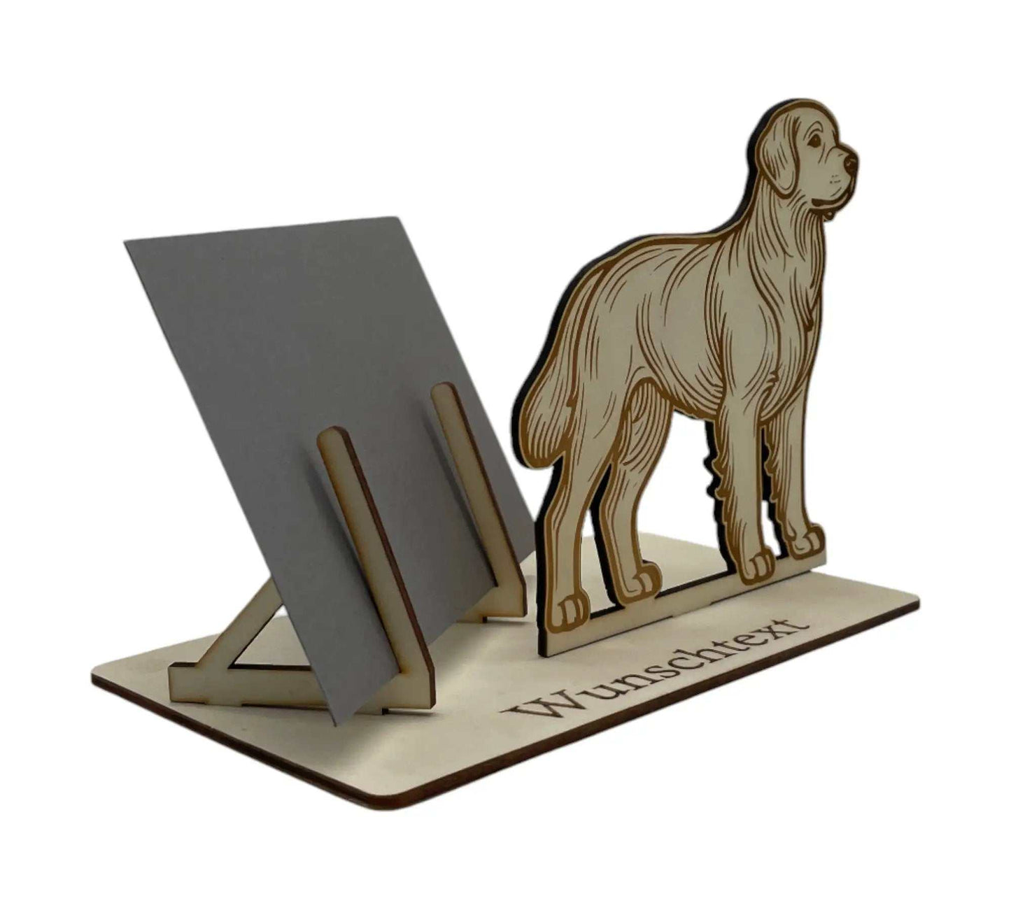 Holz-Gutscheinverpackung im Golden Retriever-Design, perfekt für Hundefreunde. Gutschein verpacken mit persönlicher Gravur für kreative Geschenke.