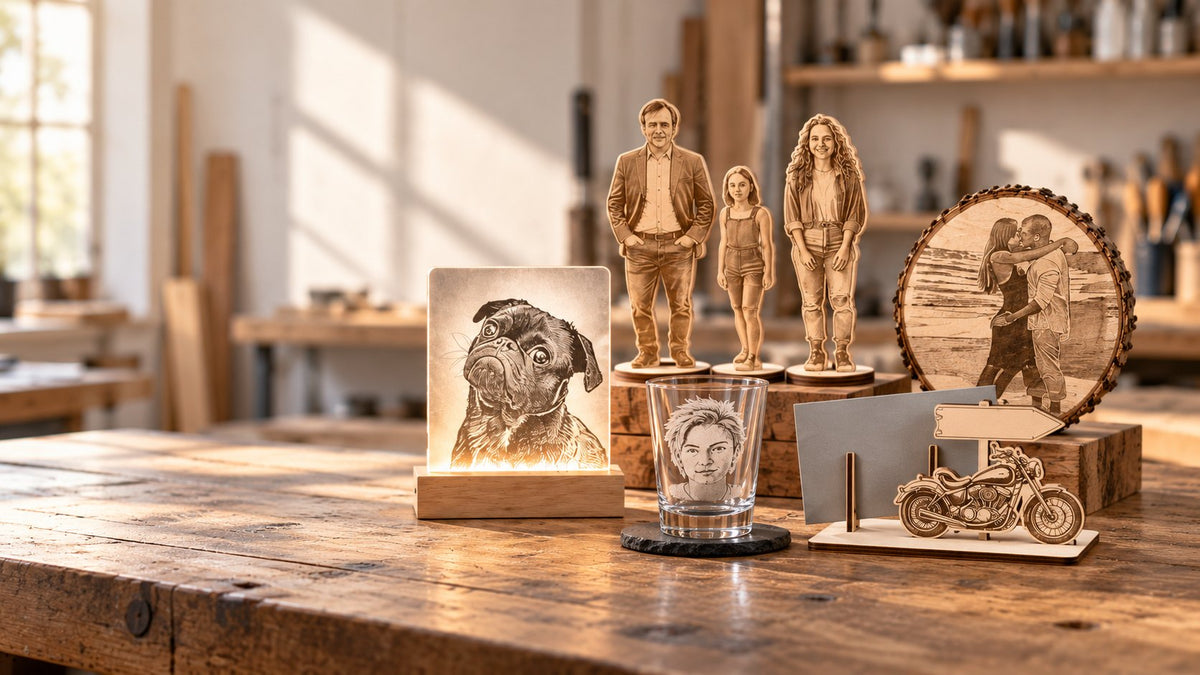 Beispiele: Fotogravur als LED-Lampe, Holzfiguren, Schnapsglas, Baumscheibe und Gutscheinhalter in der Werkstatt