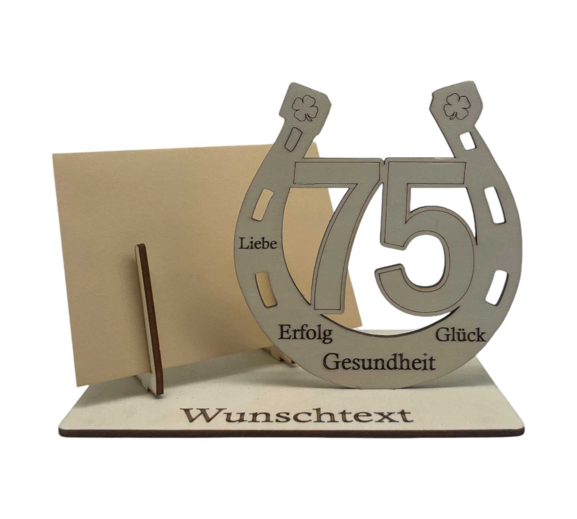 Gutschein kreativ verpacken für den 75 Geburtstag – Holzverpackung mit Hufeisen-Symbol und persönlicher Gravur für Glücksmomente.