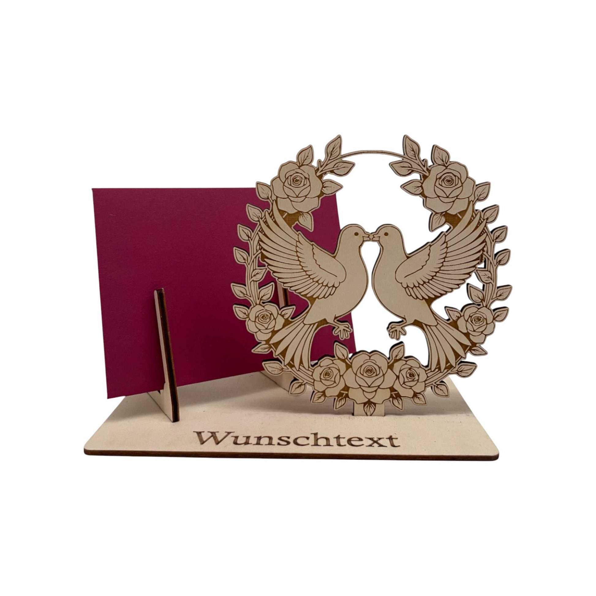 Holz Gutscheinhalter mit Tauben und Blumenkreis zum Gutschein verpacken Hochzeit