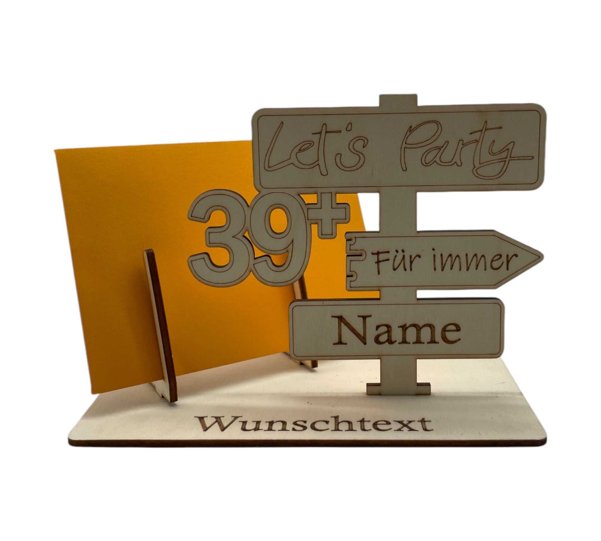 Originelle Holz-Gutscheinverpackung für den 40. Geburtstag. Wegweiser-Motiv „Für immer 39+“, ideal für Geldgeschenke oder Gutscheine mit Gravur.