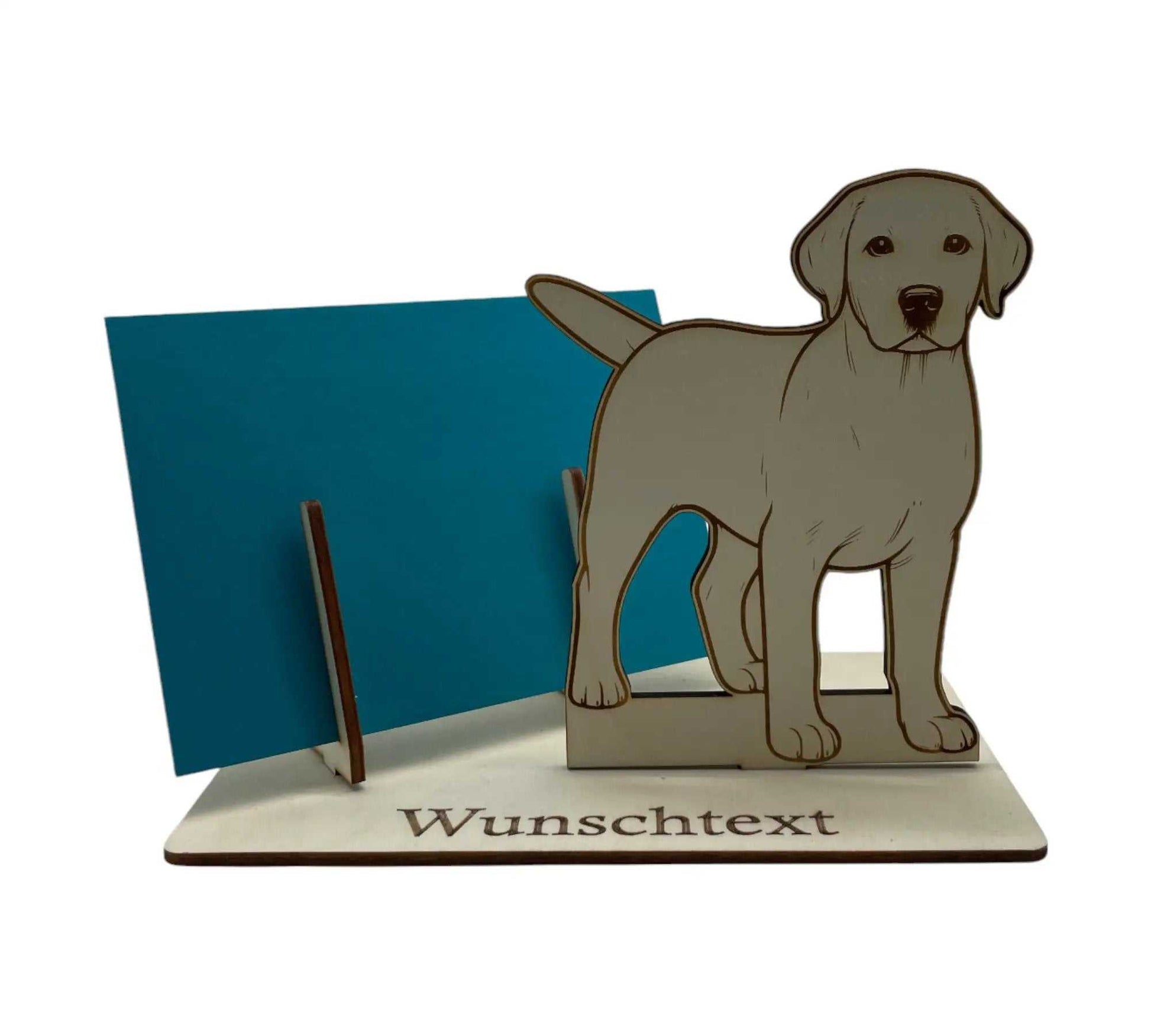 Gutschein verpacken: Holz-Gutscheinhalter mit Labrador-Motiv, personalisierbar für Tierfreunde und Hundeliebhaber.