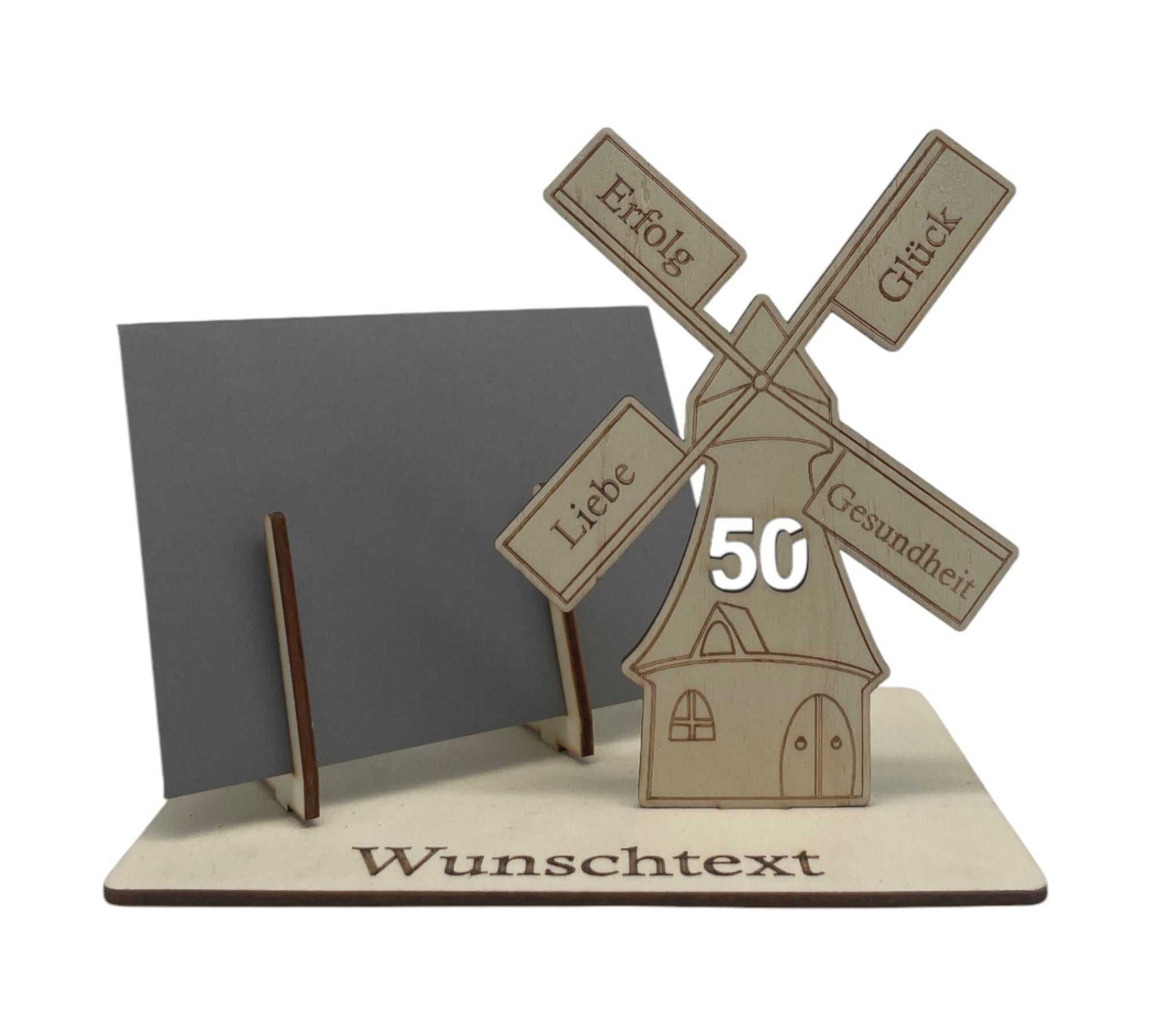 Geldgeschenk verpacken mit Windmühlenmotiv und Wunschtext auf Holz