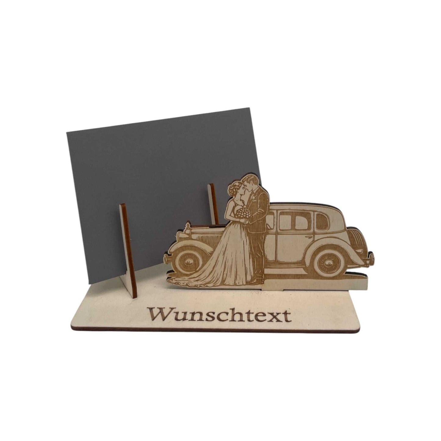 Brautpaar Motiv mit Hochzeitsauto als Gutscheinhalter aus Holz mit Umschlag