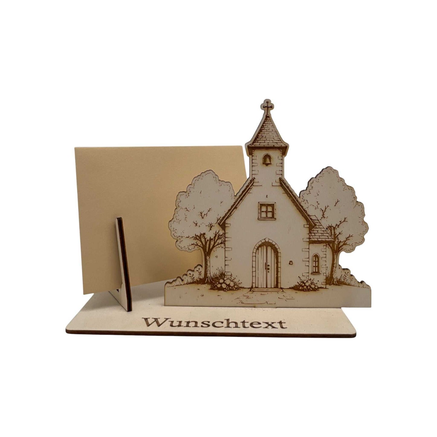 Kirchenmotiv Gutscheinhalter zur Hochzeit mit personalisierbarer Grundplatte