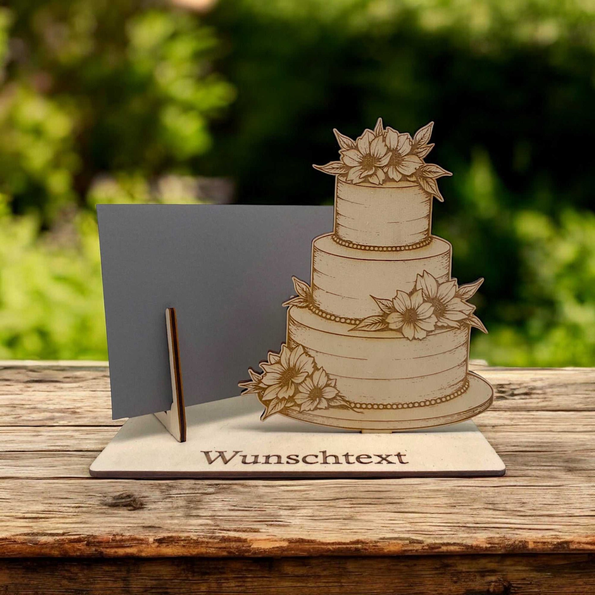 Gutscheinhalter Hochzeit Torte aus Holz mit Wunschtext Gravur