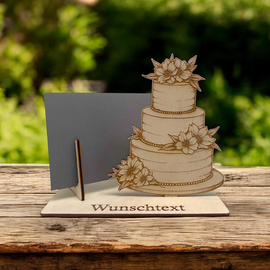 Gutscheinhalter Hochzeit Torte aus Holz mit Wunschtext Gravur