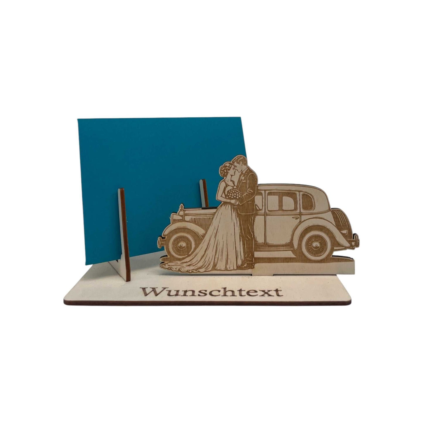 Hochzeit Gutschein stilvoll verpackt mit Holzhalter Brautpaar vor Auto
