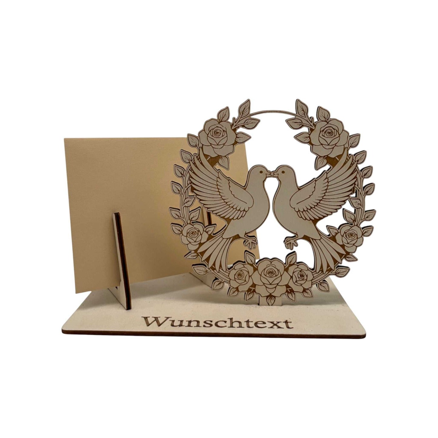 Gutscheinhalter mit zwei Tauben im Kreis als Symbol für Liebe und Hochzeit