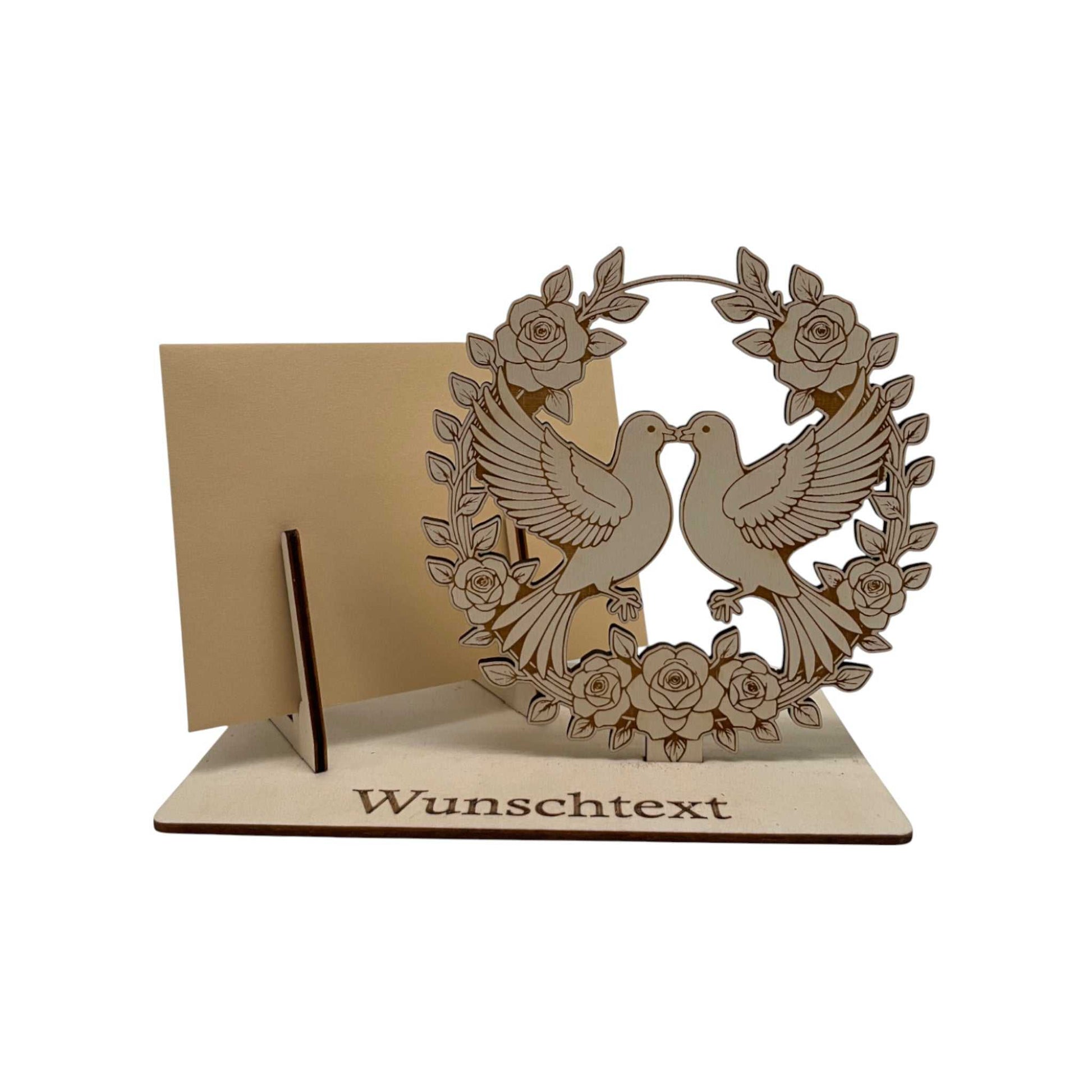 Gutscheinhalter mit zwei Tauben im Kreis als Symbol für Liebe und Hochzeit