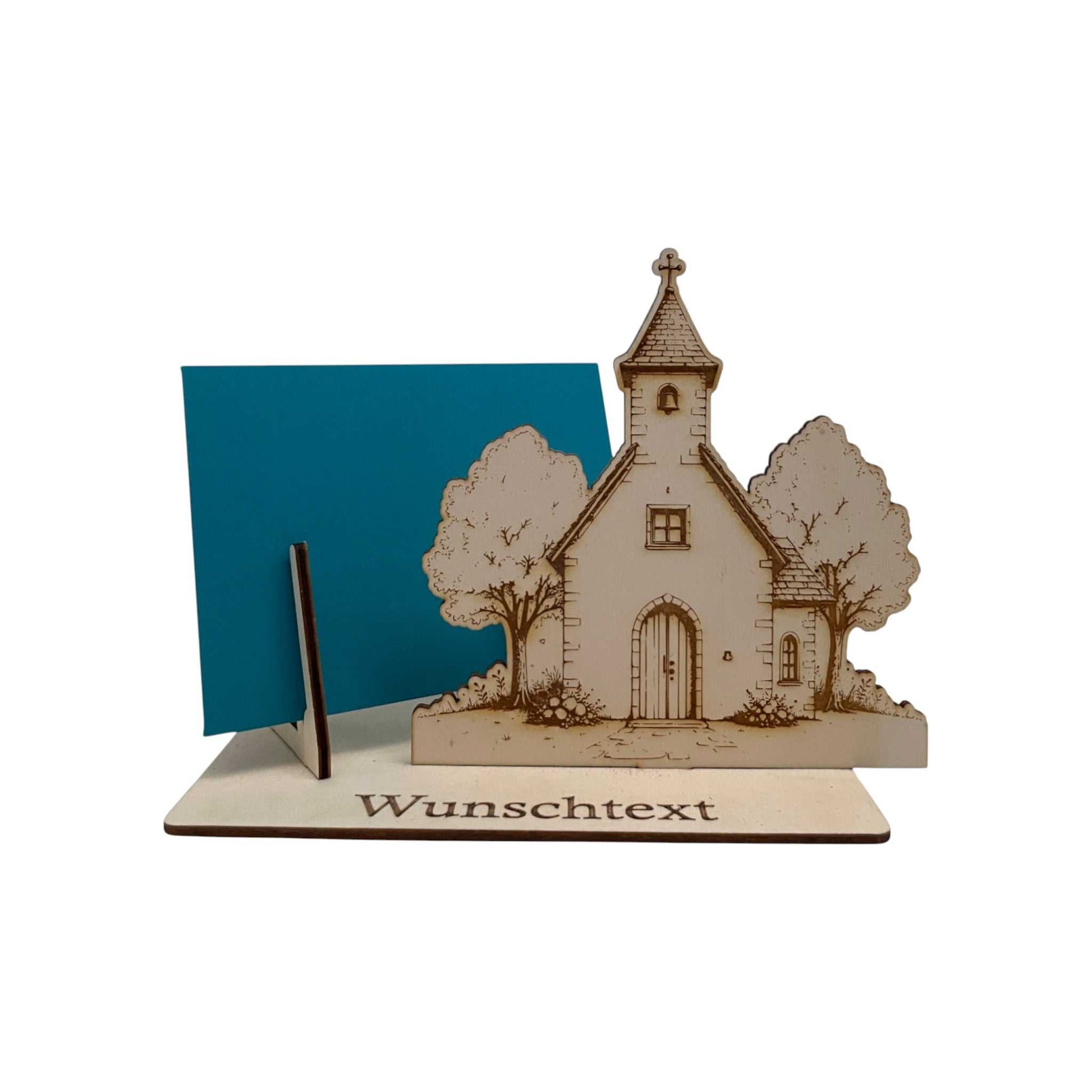 Gutscheinhalter zur Taufe mit Kirchenmotiv aus Holz und Wunschtext Gravur