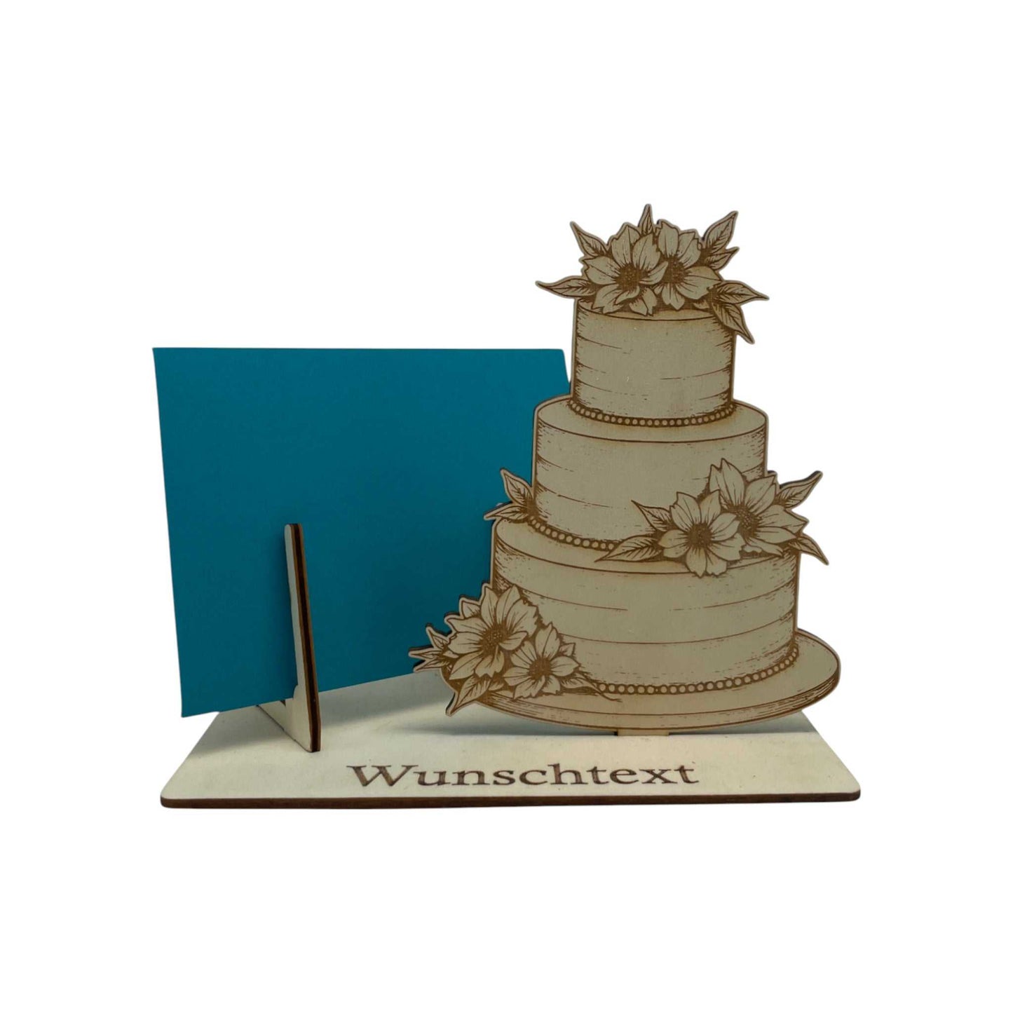 Gutscheinhalter mit gravierter Hochzeitstorte und Blumen aus Holz