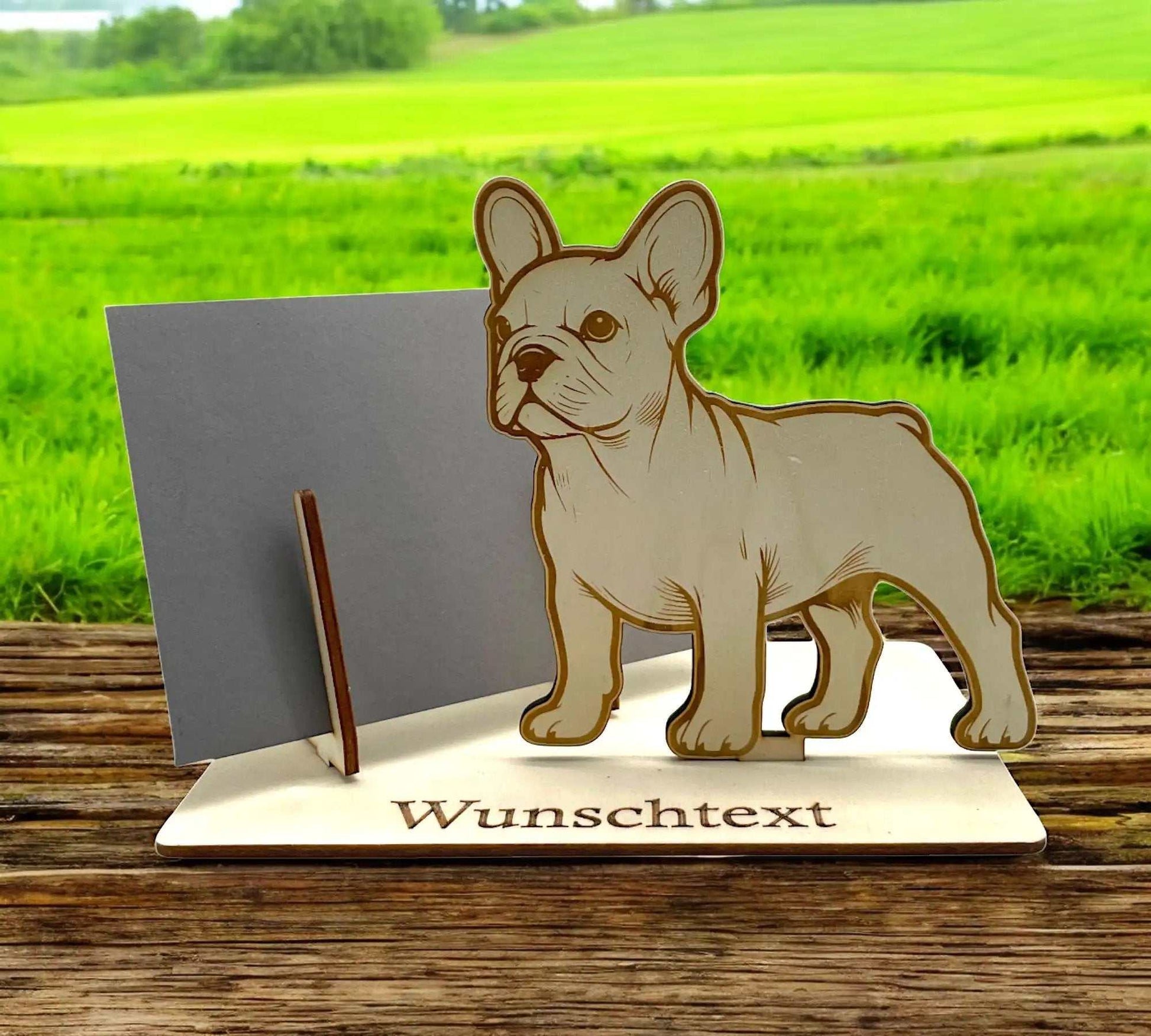 Gutschein verpacken – Gutscheinverpackung aus Holz mit Bulldoggen-Motiv, ideal für Hundeliebhaber. Personalisiert mit Wunschgravur für eine besondere Geschenkidee.